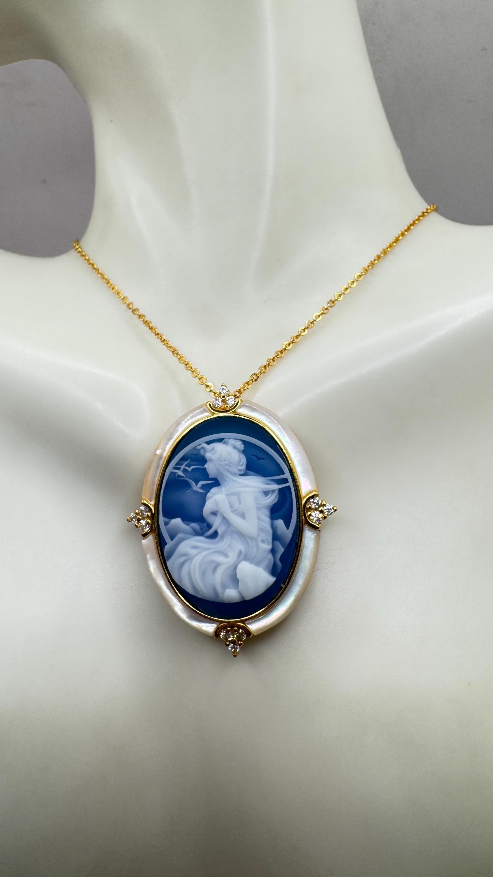 Vintage Moon Goddess Genuine Black Onyx Cameo Sterling Silver Necklace Choker