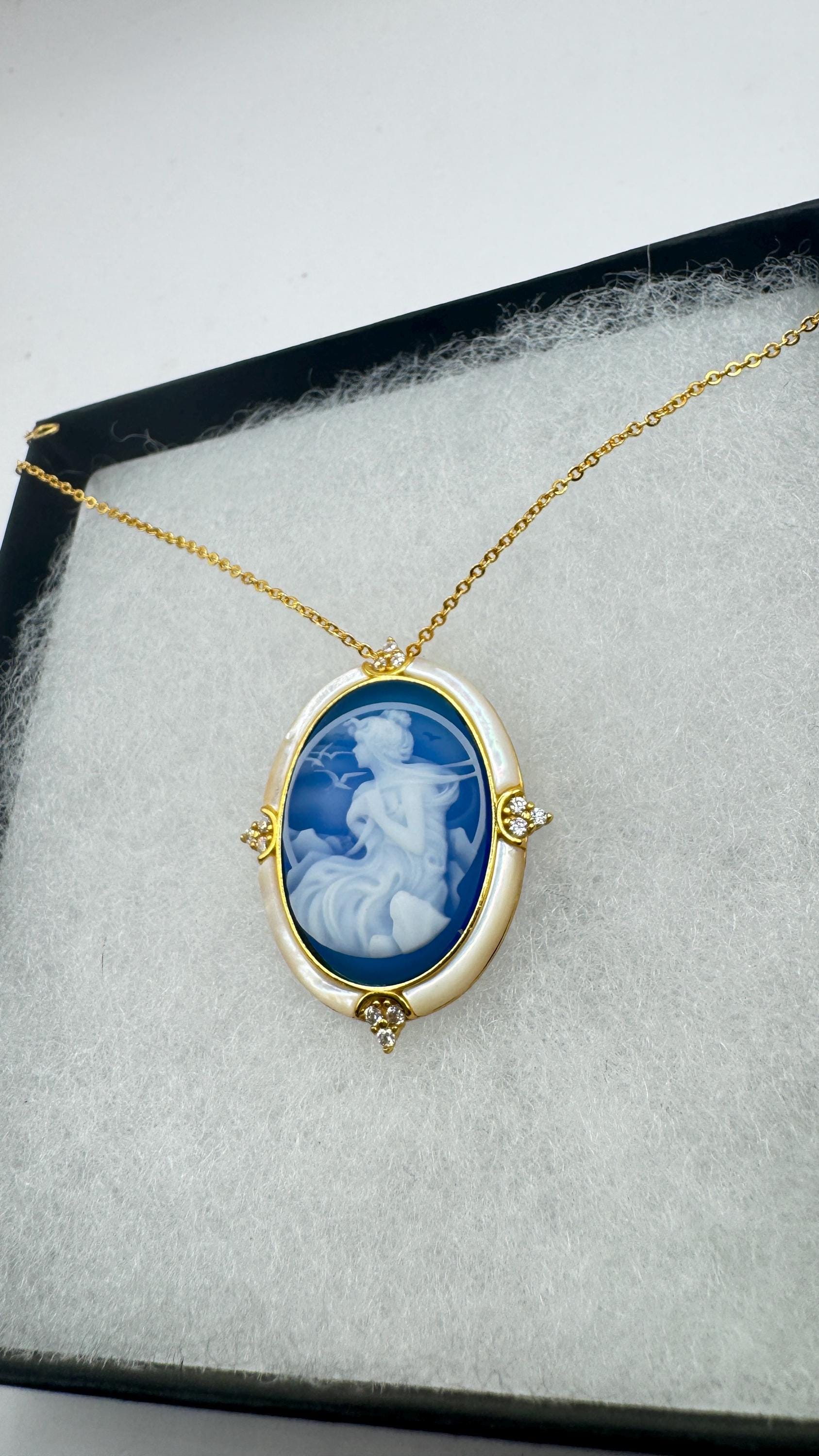 Vintage Moon Goddess Genuine Black Onyx Cameo Sterling Silver Necklace Choker