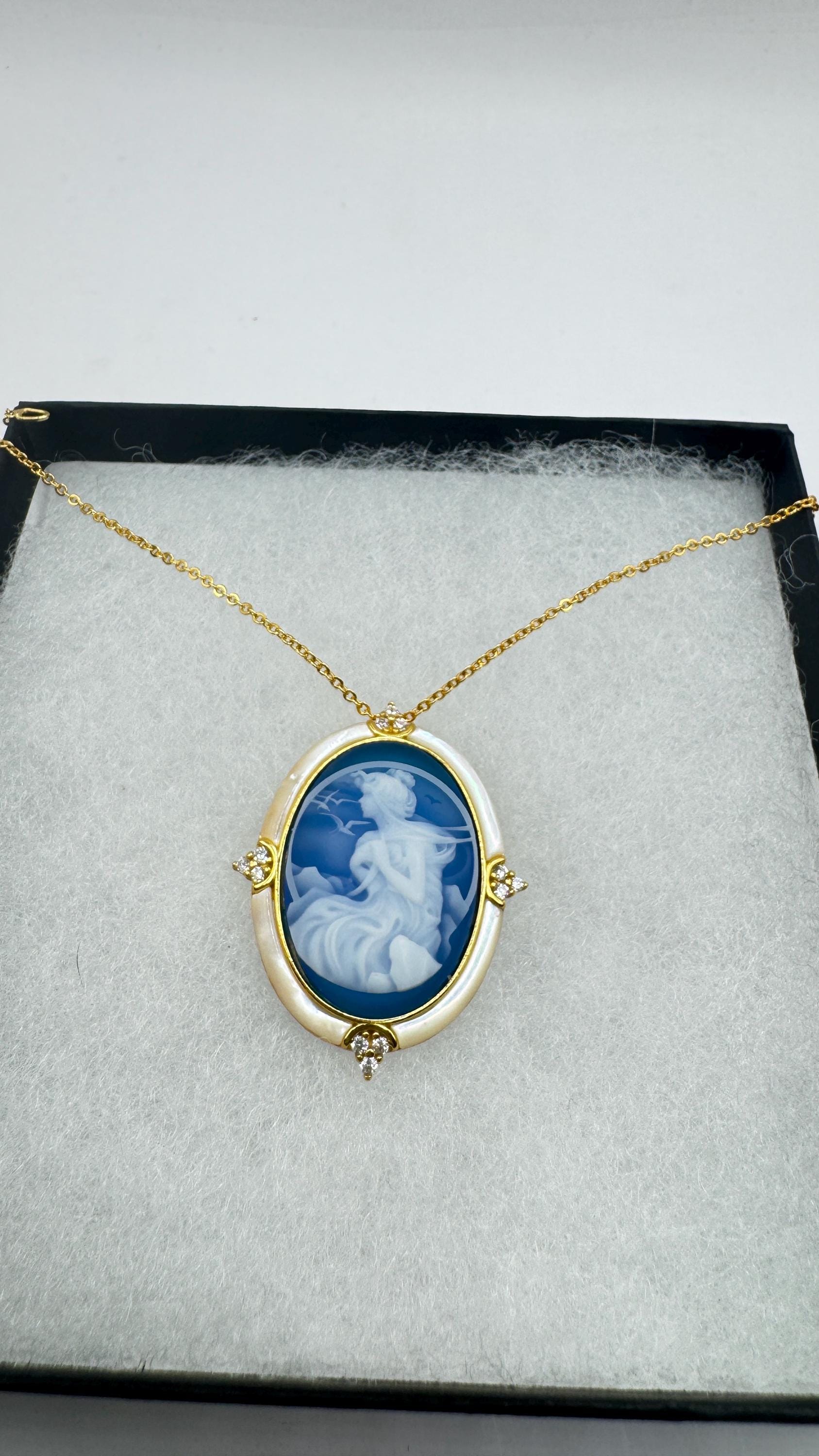 Vintage Moon Goddess Genuine Black Onyx Cameo Sterling Silver Necklace Choker