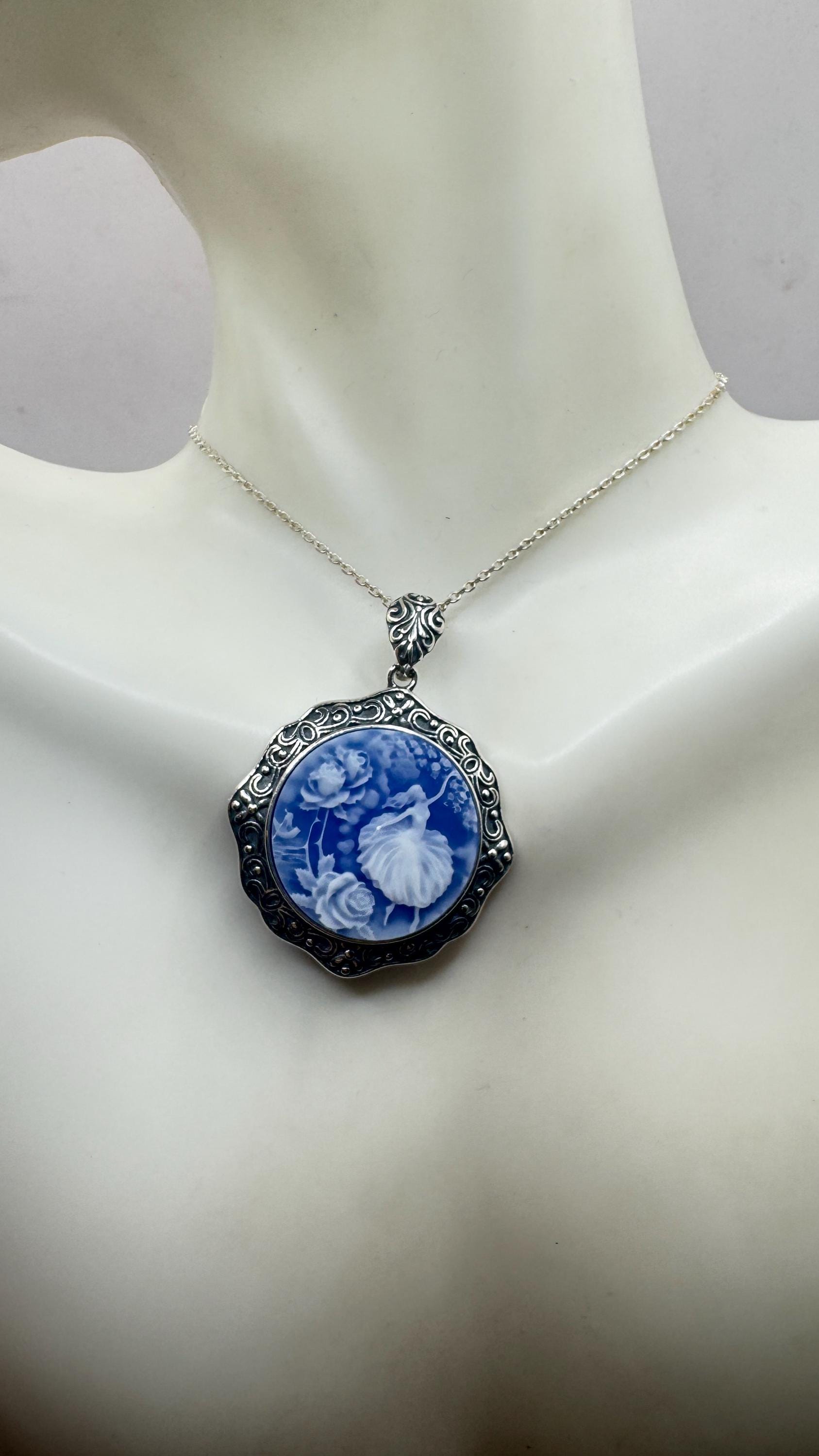 Vintage Blue Ballerina Cameo Flowers 925 Sterling Silver Necklace Choker