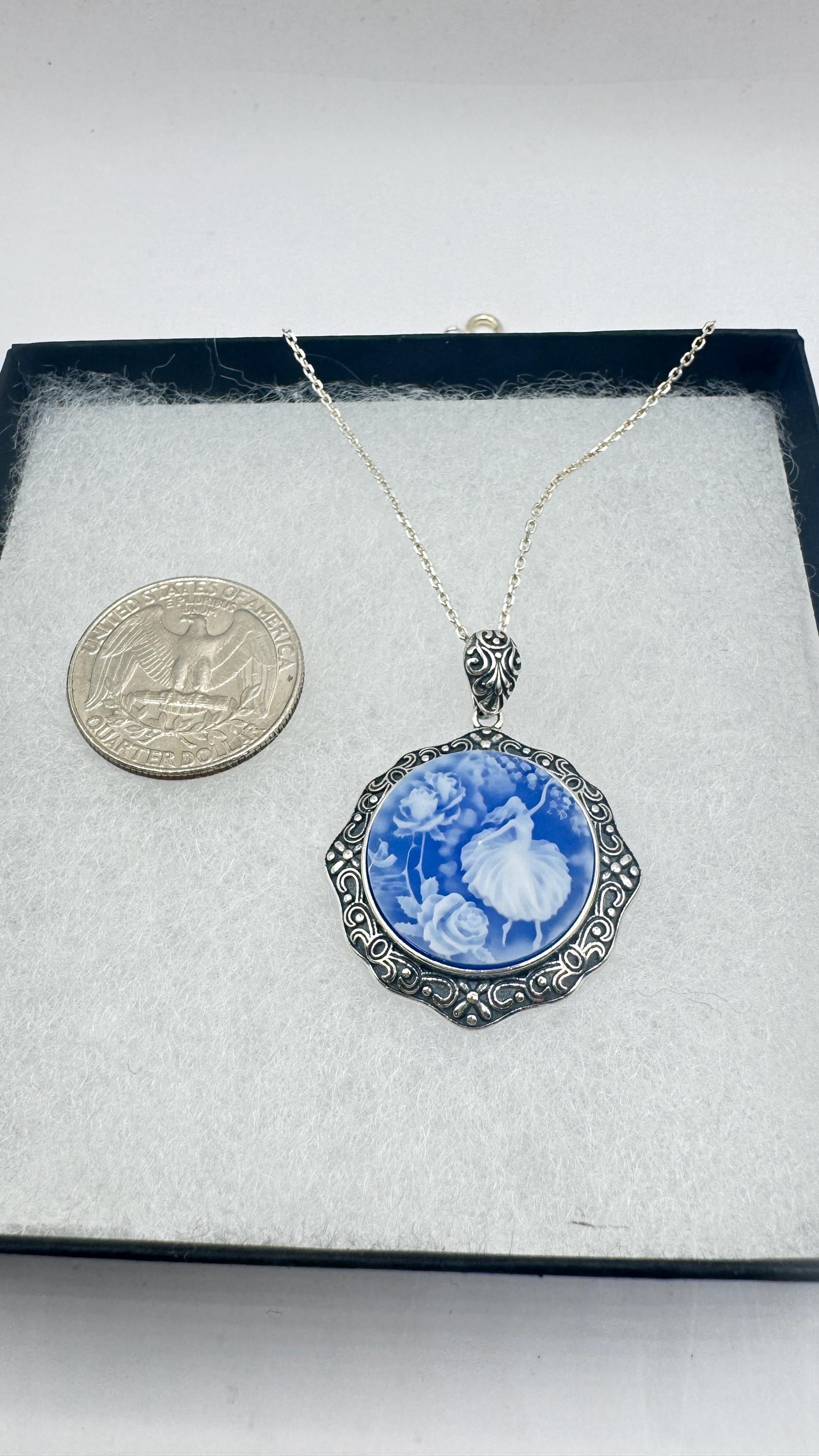 Vintage Blue Ballerina Cameo Flowers 925 Sterling Silver Necklace Choker