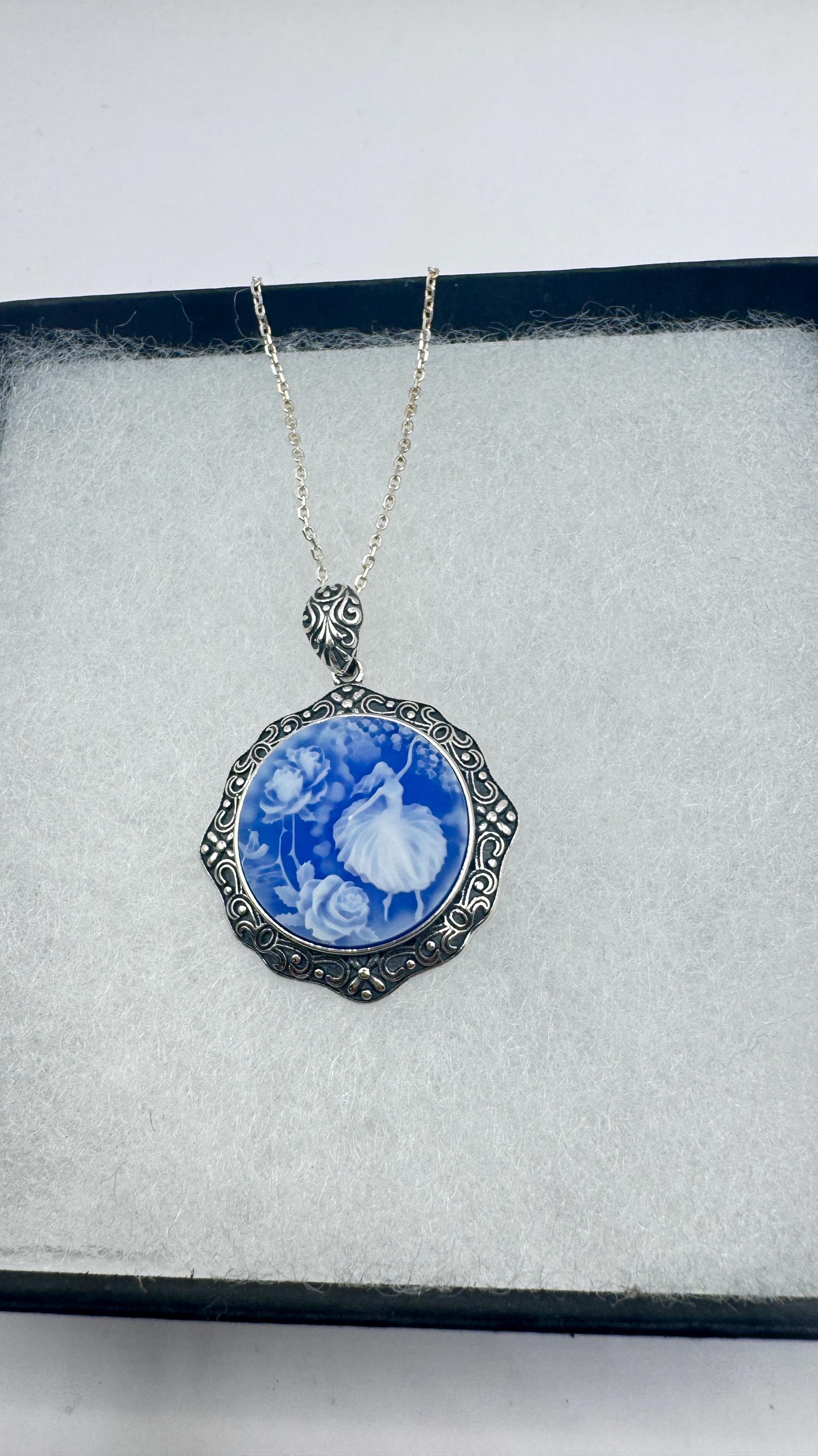 Vintage Blue Ballerina Cameo Flowers 925 Sterling Silver Necklace Choker