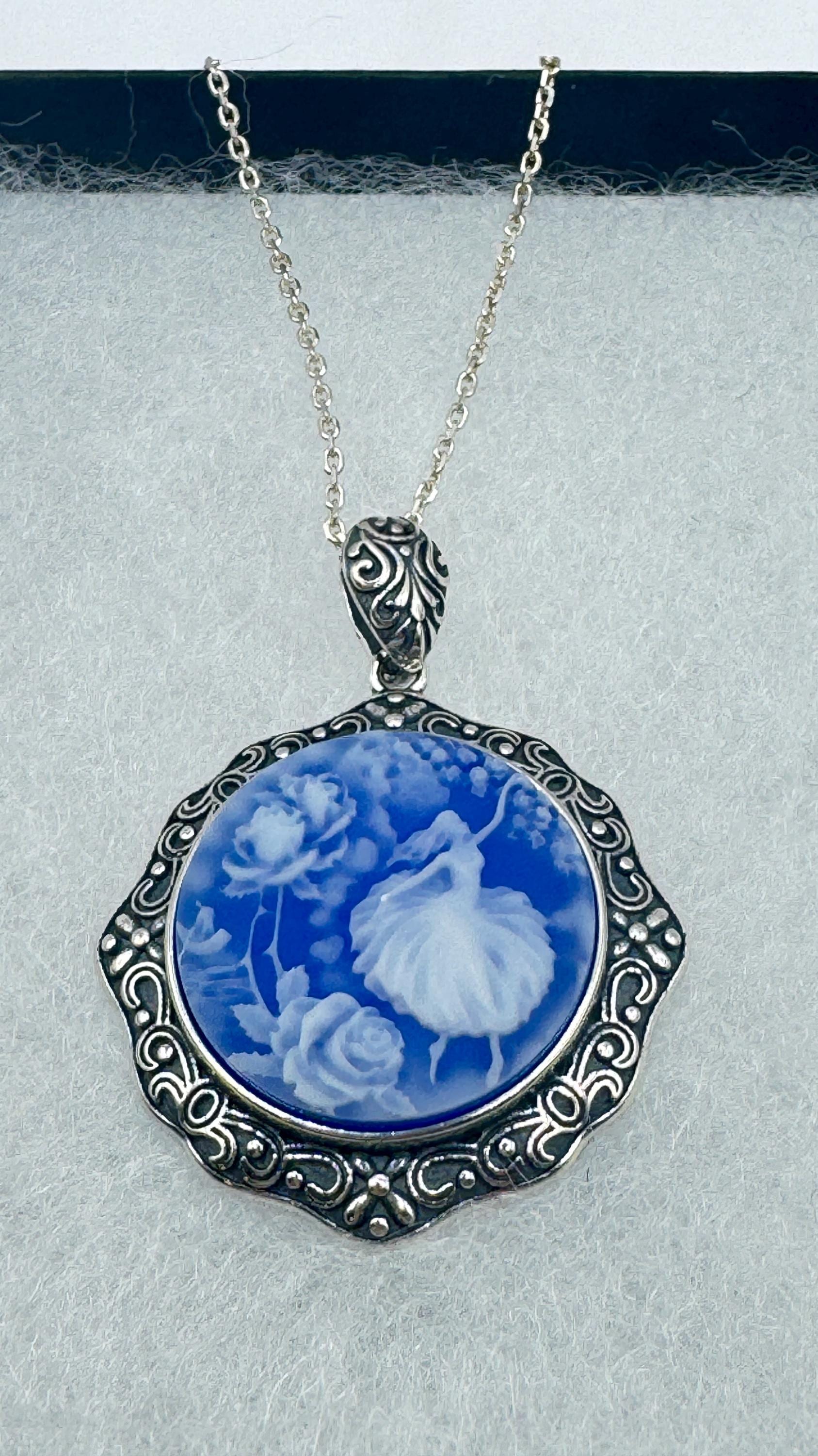 Vintage Blue Ballerina Cameo Flowers 925 Sterling Silver Necklace Choker