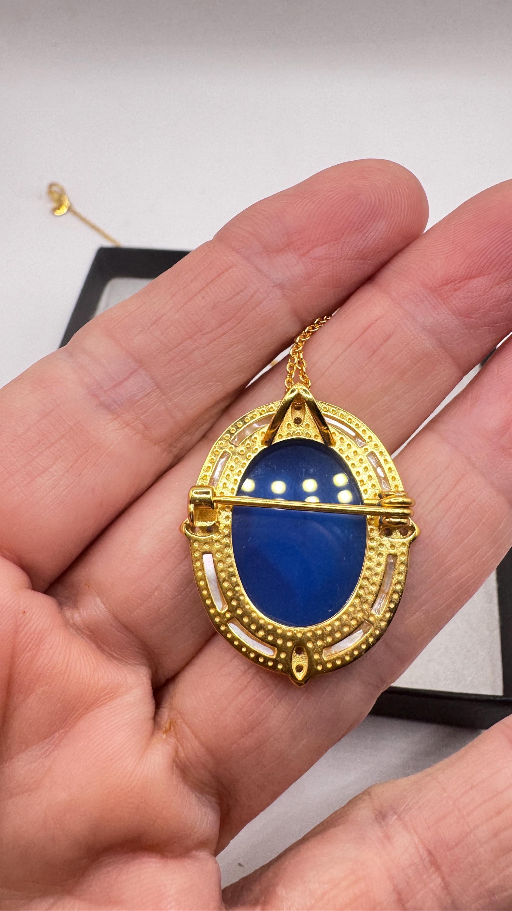 Vintage Lily of the Valley Blue Onyx Cameo Choker Gold 925 Sterling Silver Necklace Pin Brooch