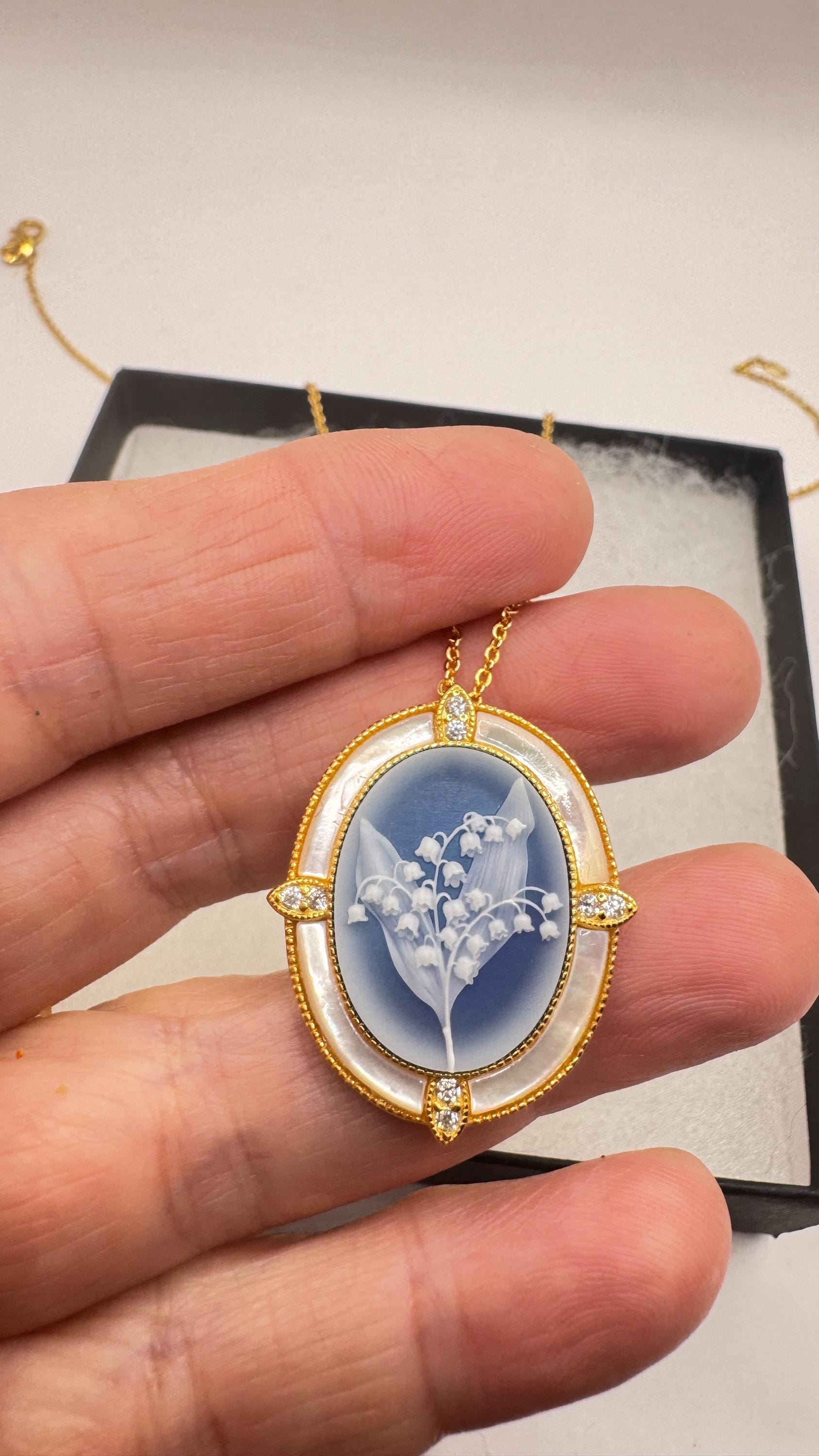 Vintage Lily of the Valley Blue Onyx Cameo Choker Gold 925 Sterling Silver Necklace Pin Brooch