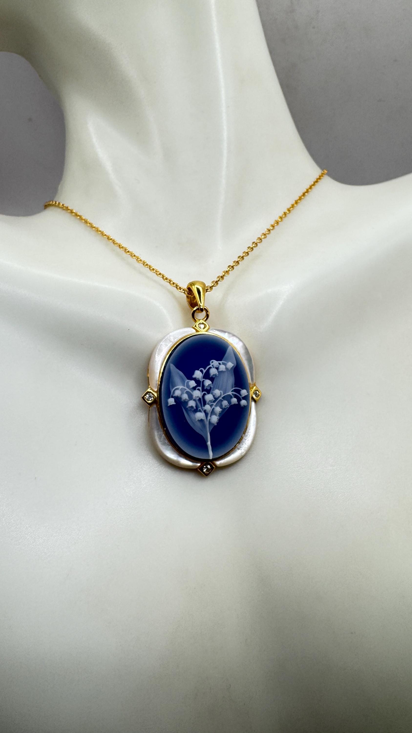 Vintage Lily of the Valley Blue Onyx Cameo Choker Gold 925 Sterling Silver Necklace