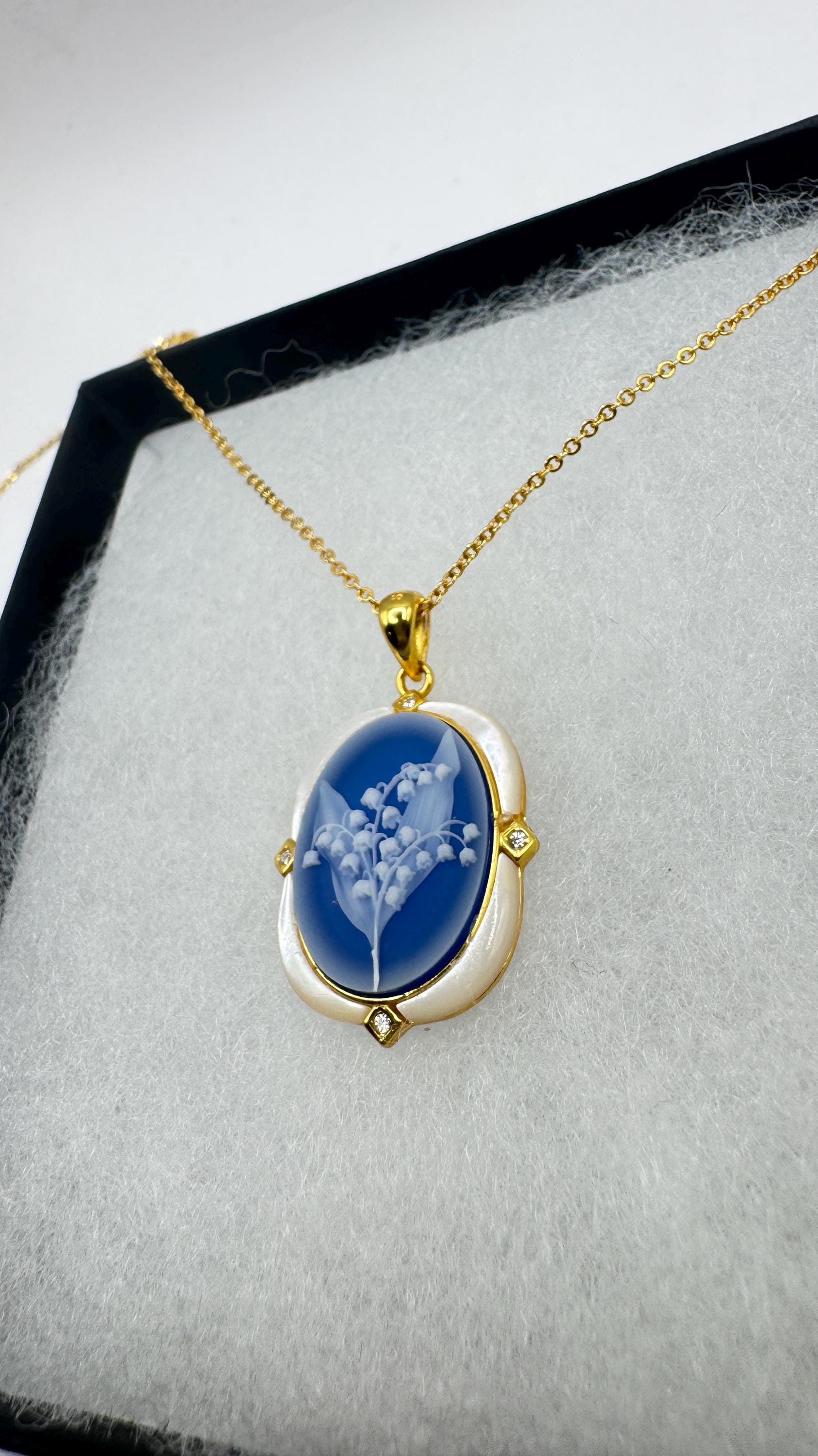 Vintage Lily of the Valley Blue Onyx Cameo Choker Gold 925 Sterling Silver Necklace
