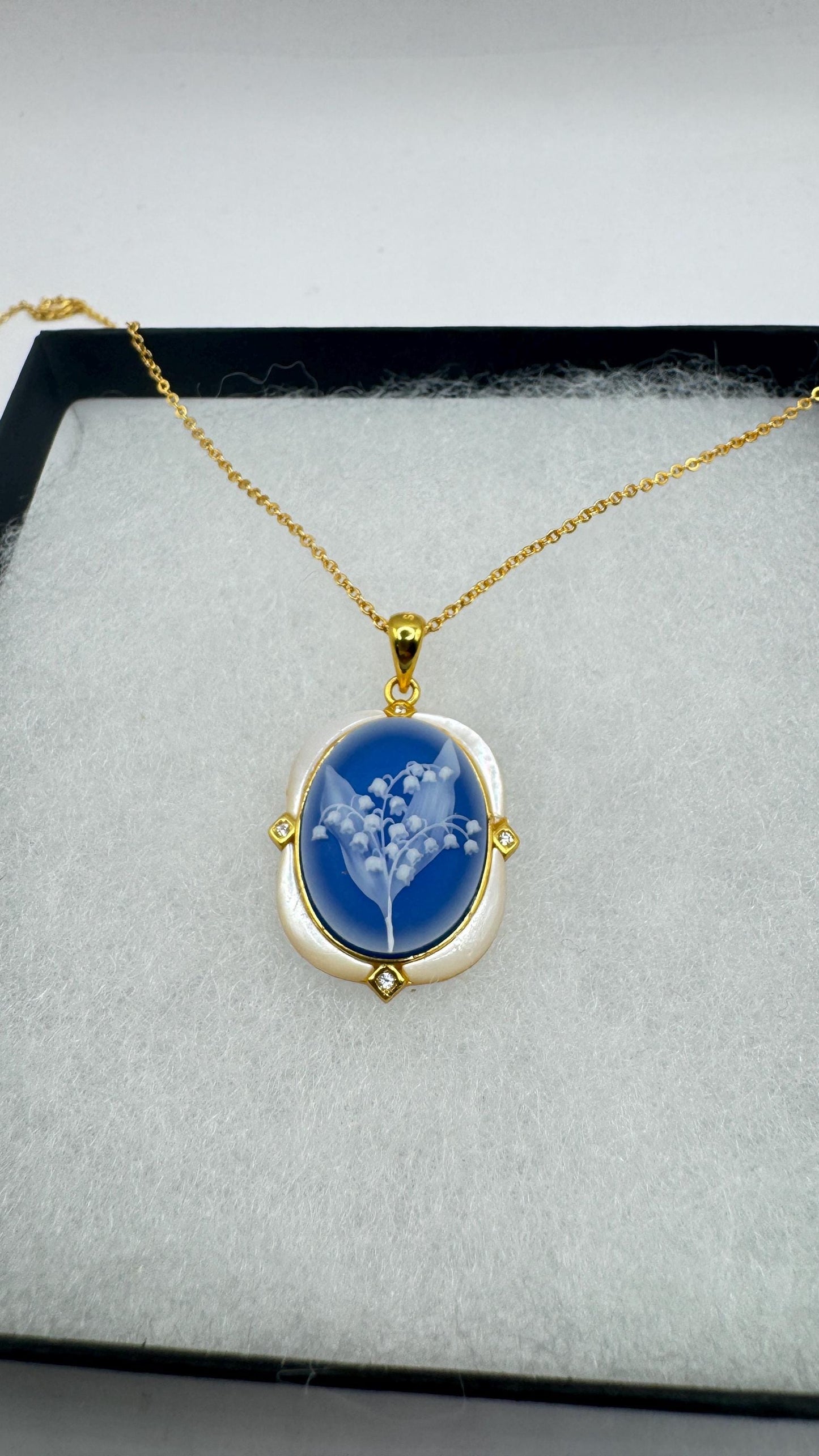 Vintage Lily of the Valley Blue Onyx Cameo Choker Gold 925 Sterling Silver Necklace