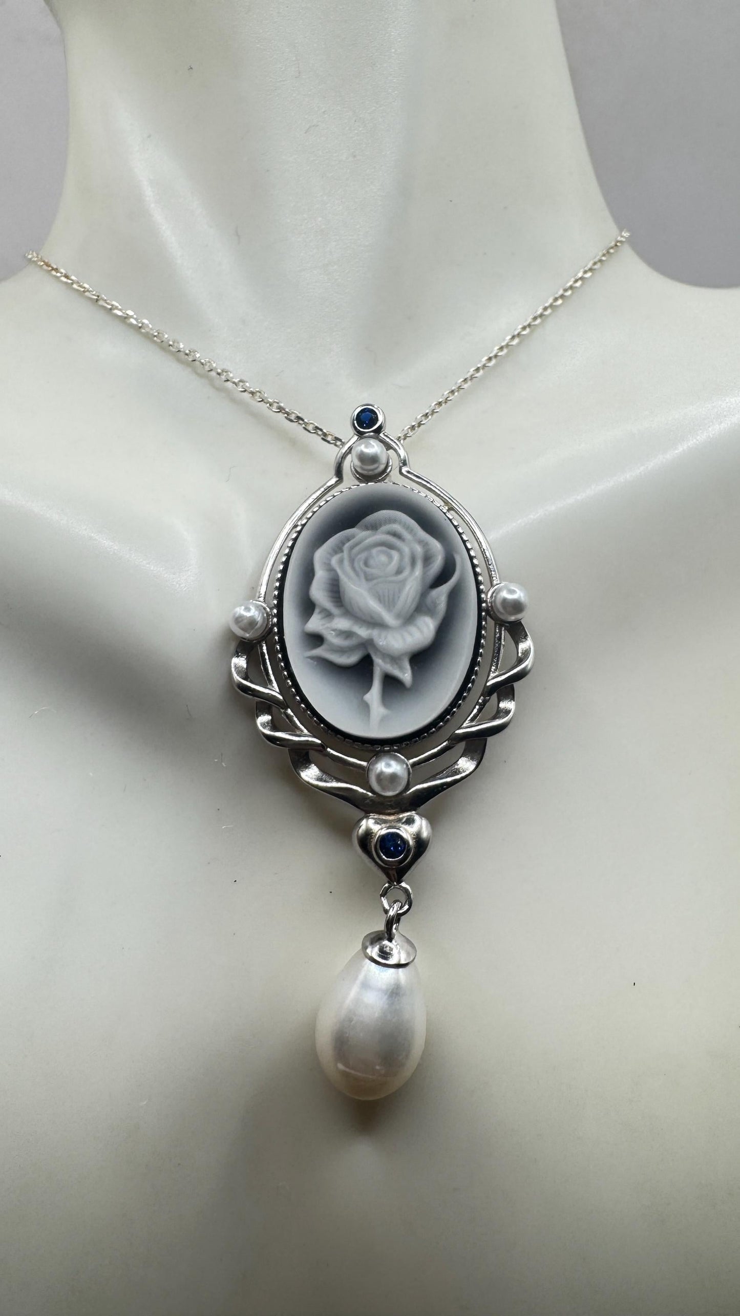 Vintage Rose Flower Cameo 925 Sterling Silver Necklace Choker