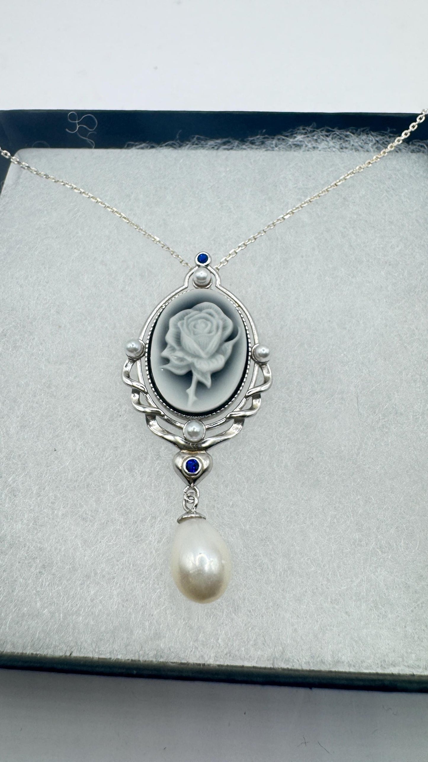 Vintage Rose Flower Cameo 925 Sterling Silver Necklace Choker