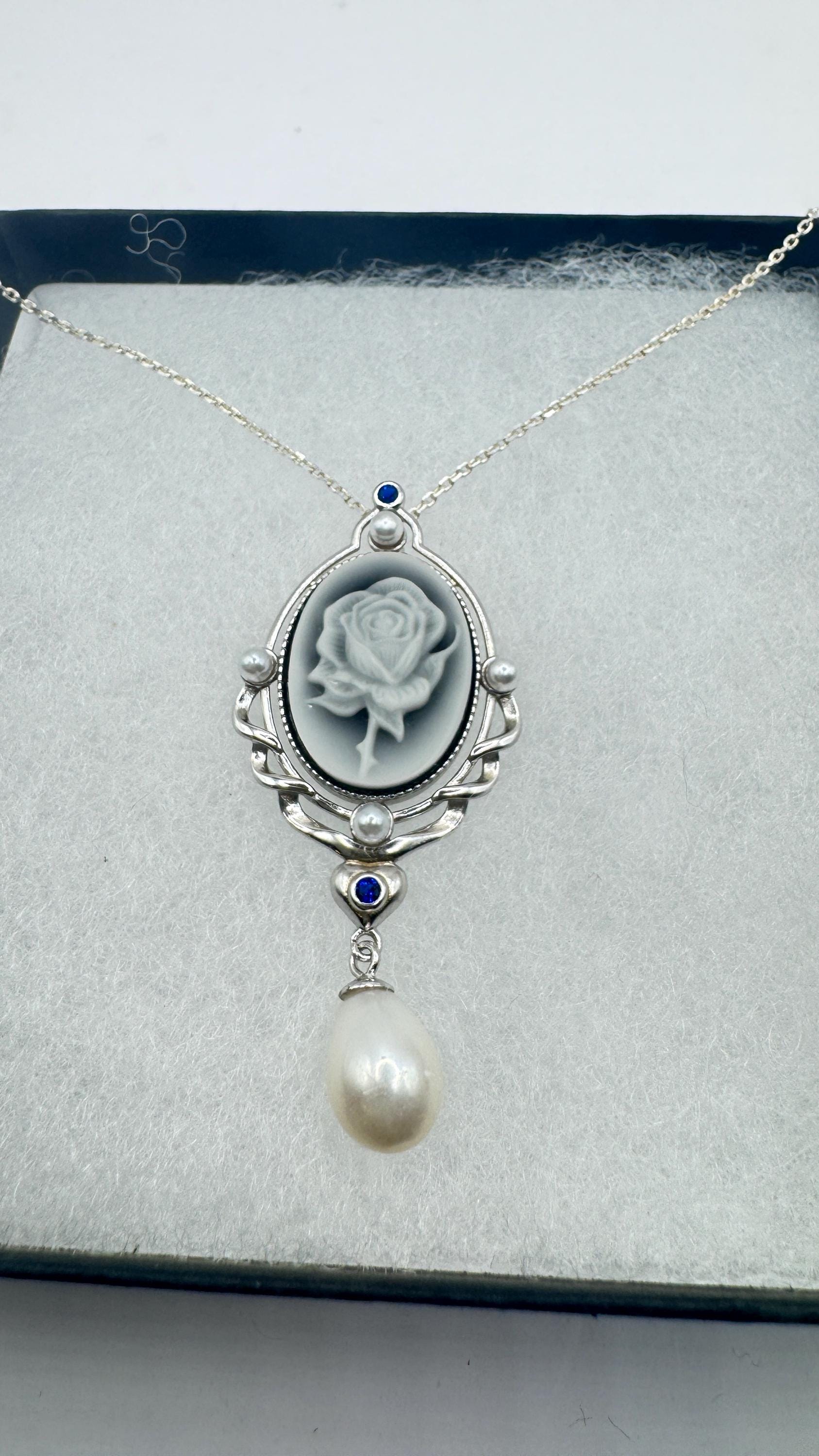 Vintage Rose Flower Cameo 925 Sterling Silver Necklace Choker