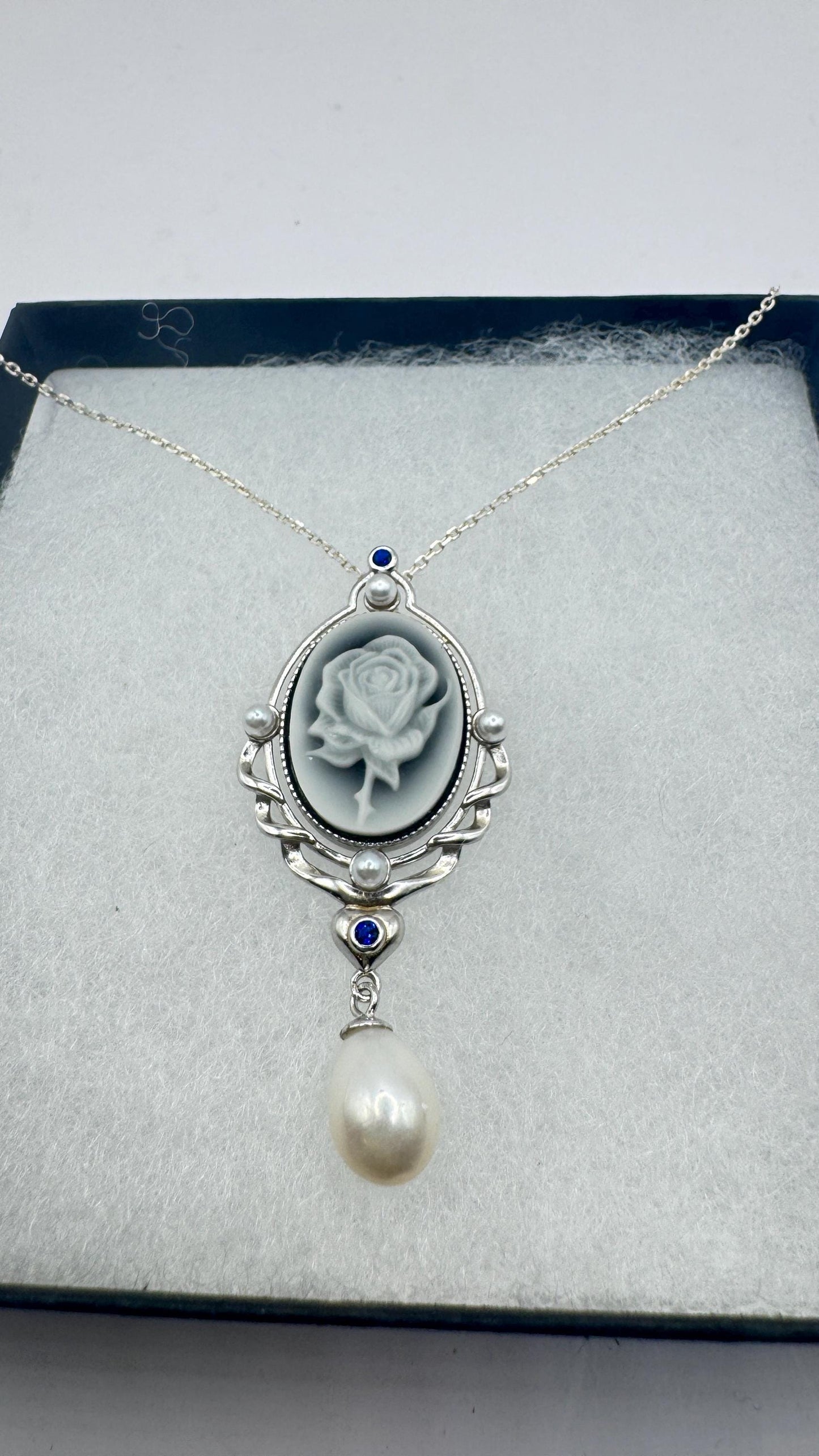 Vintage Rose Flower Cameo 925 Sterling Silver Necklace Choker