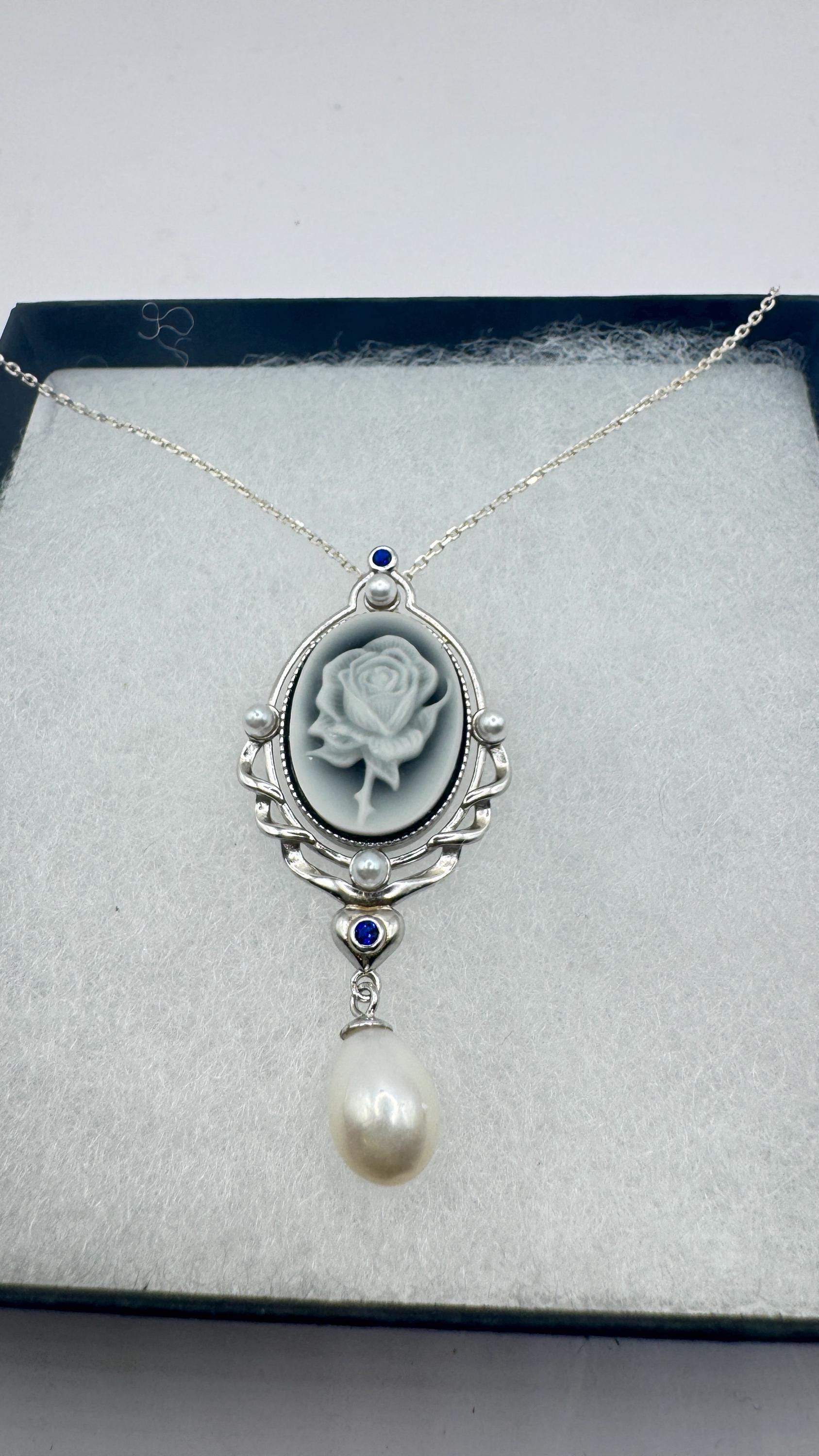 Vintage Rose Flower Cameo 925 Sterling Silver Necklace Choker