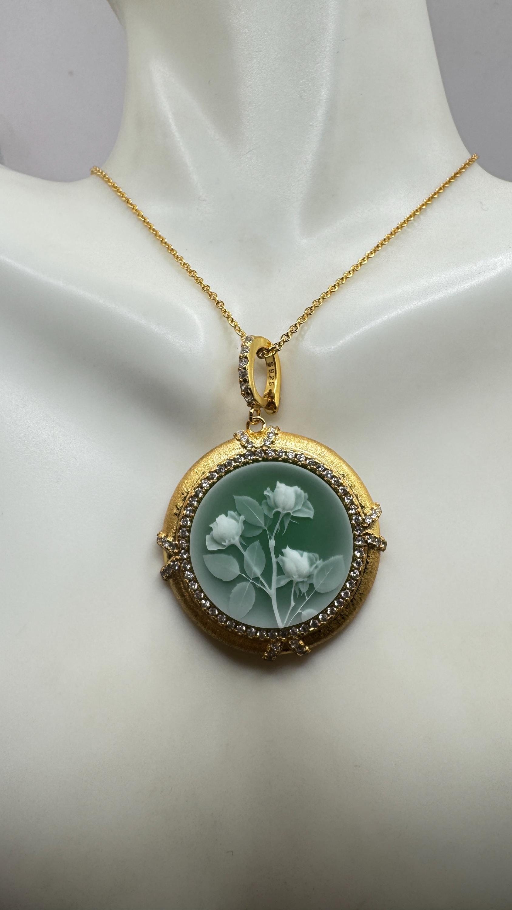 Vintage Rose Flower Cameo 925 Sterling Silver Necklace Choker