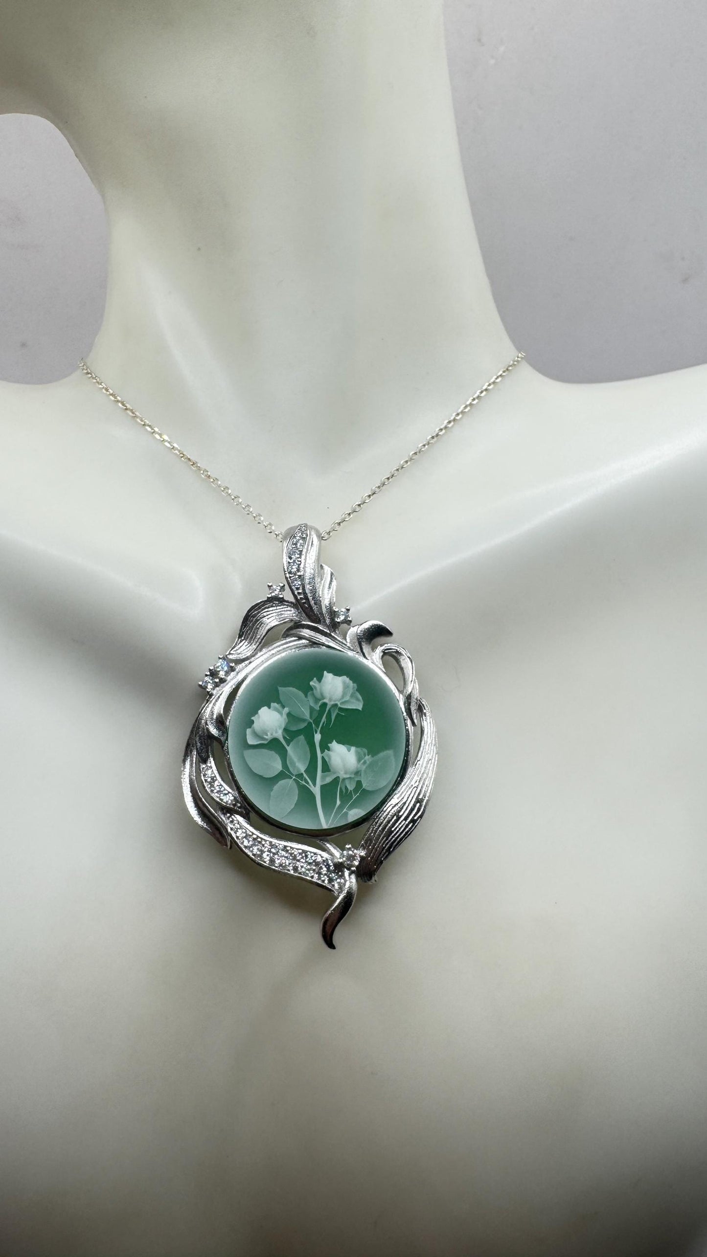 Vintage Rose Flower Cameo 925 Sterling Silver Necklace Choker