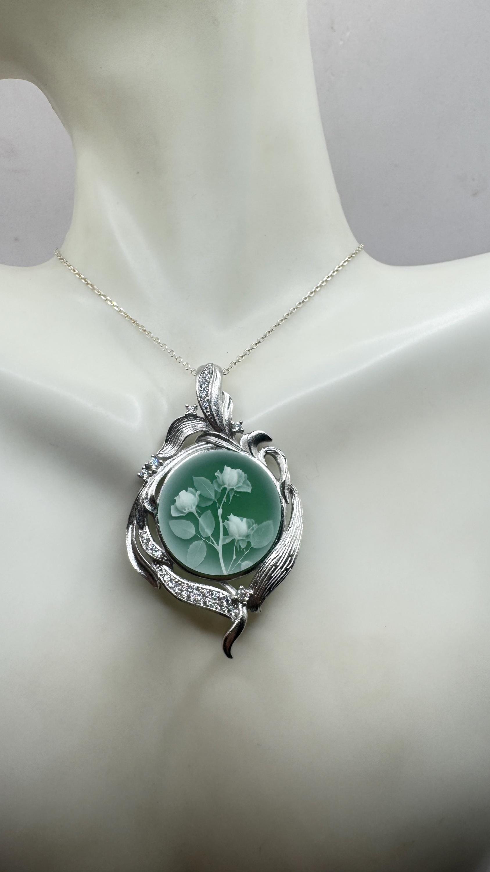 Vintage Rose Flower Cameo 925 Sterling Silver Necklace Choker