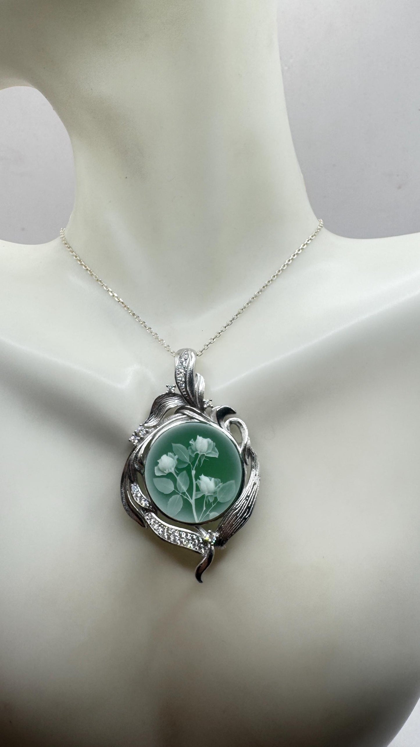 Vintage Rose Flower Cameo 925 Sterling Silver Necklace Choker