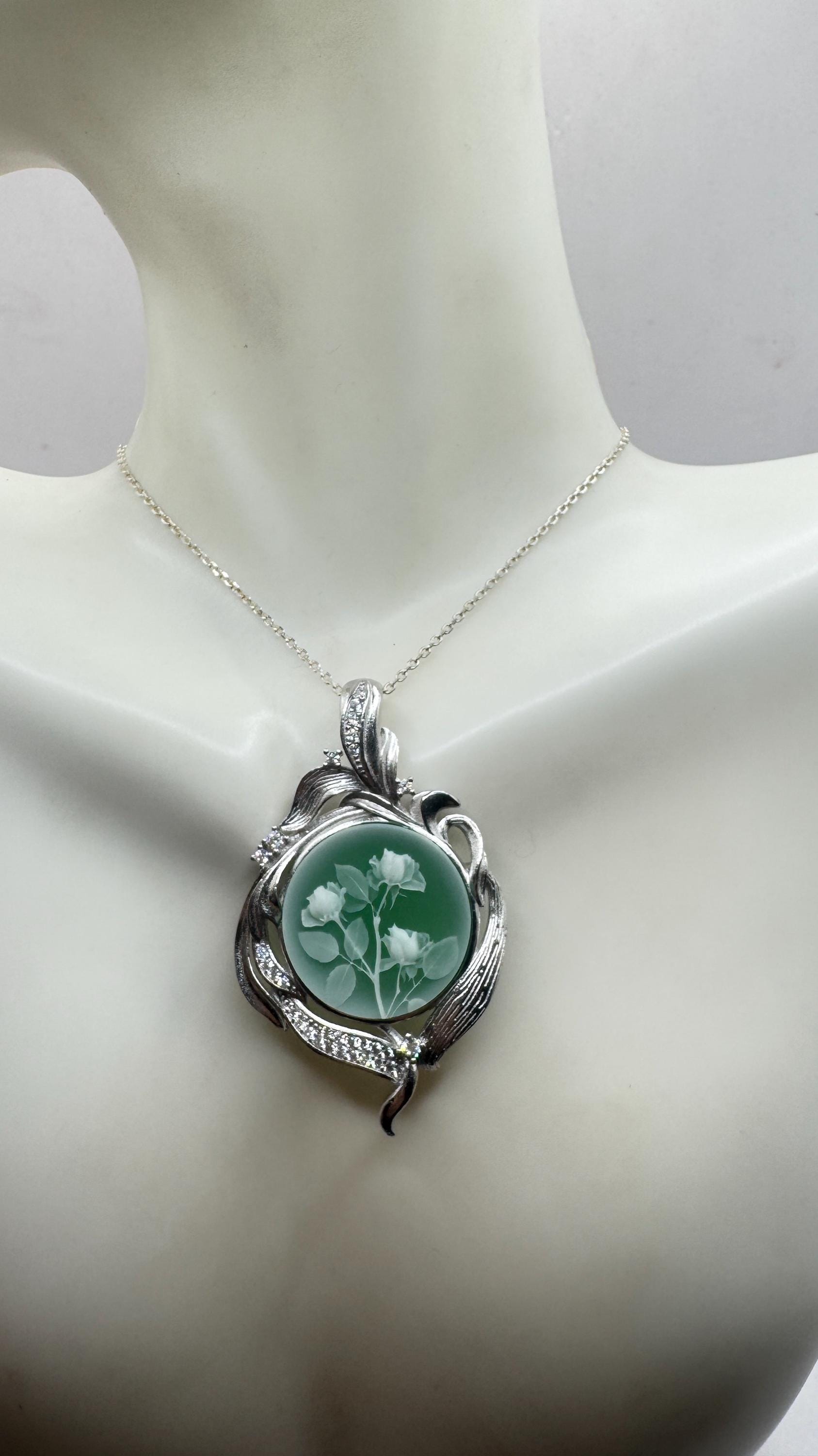 Vintage Rose Flower Cameo 925 Sterling Silver Necklace Choker