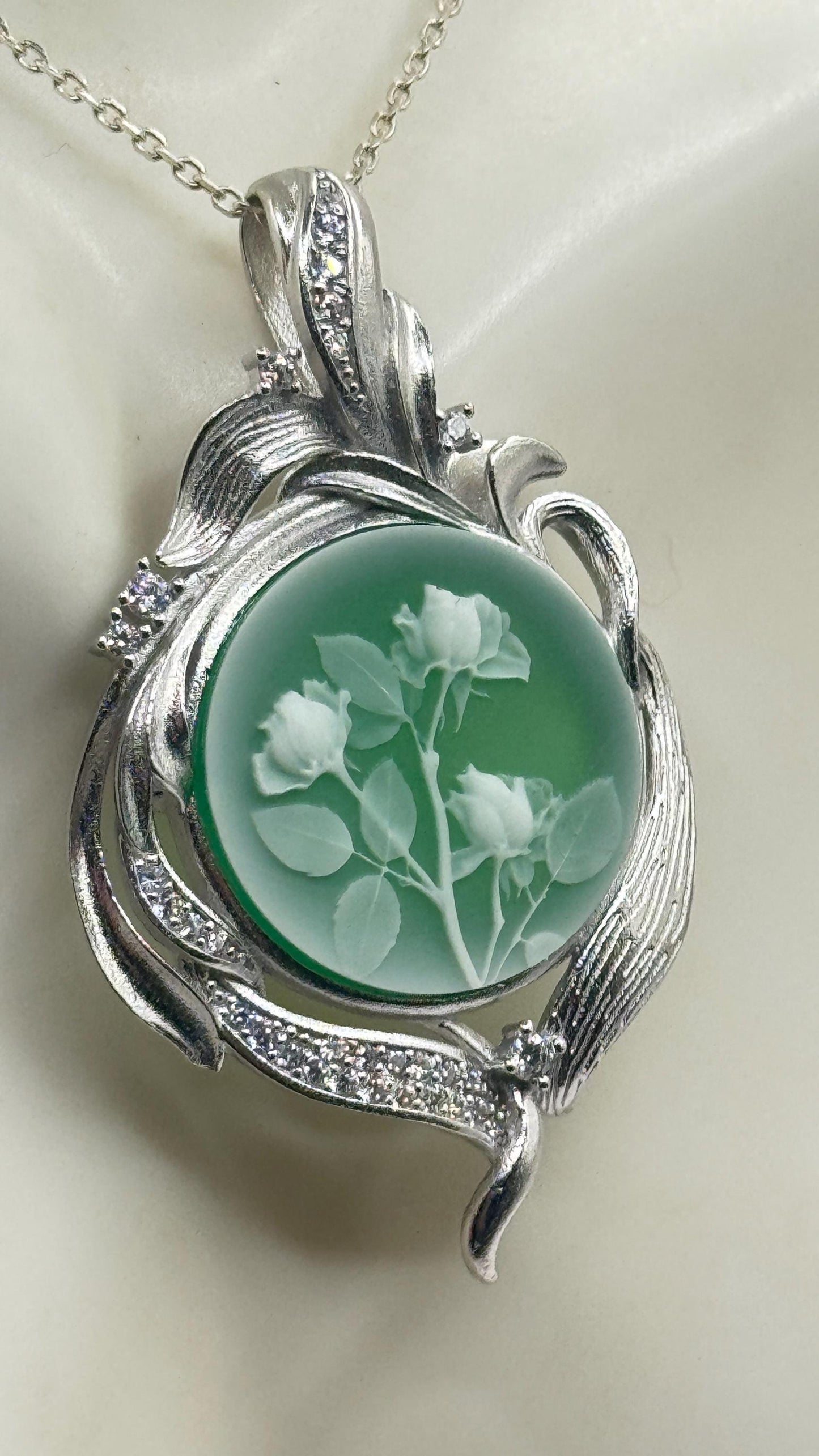 Vintage Rose Flower Cameo 925 Sterling Silver Necklace Choker