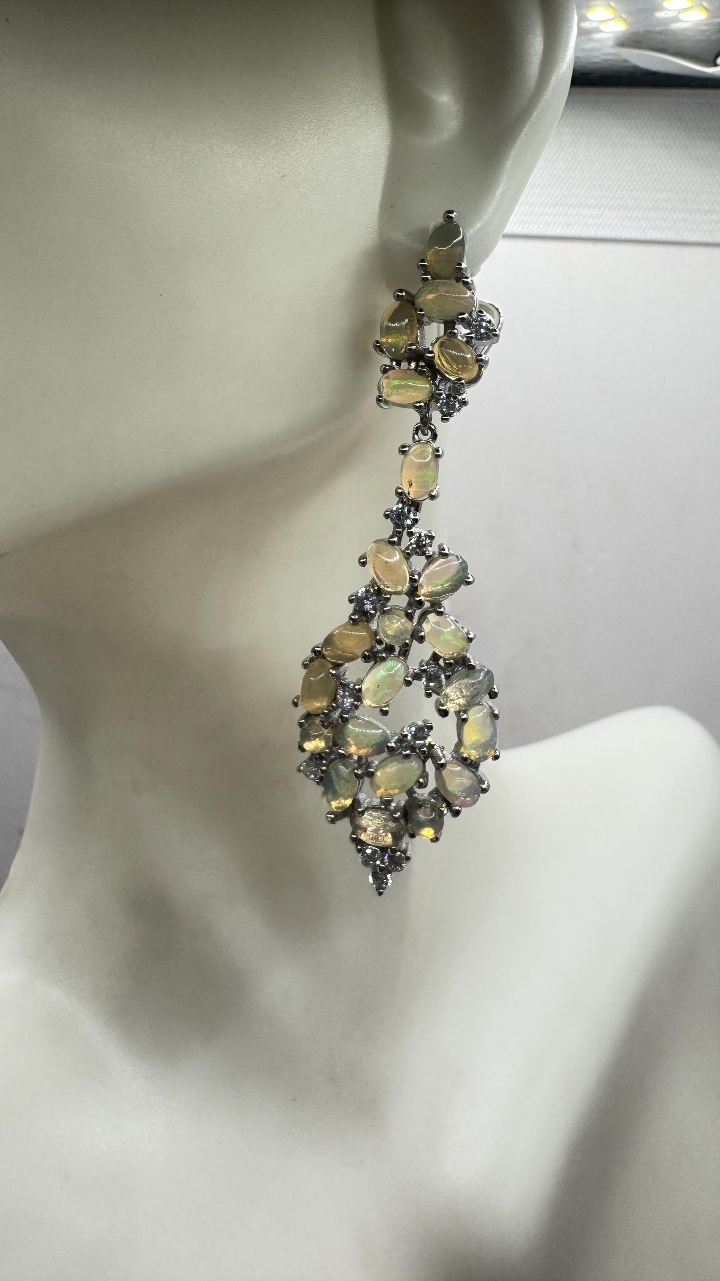 Vintage Opal Earrings 925 Sterling Silver Chadelier Dangle