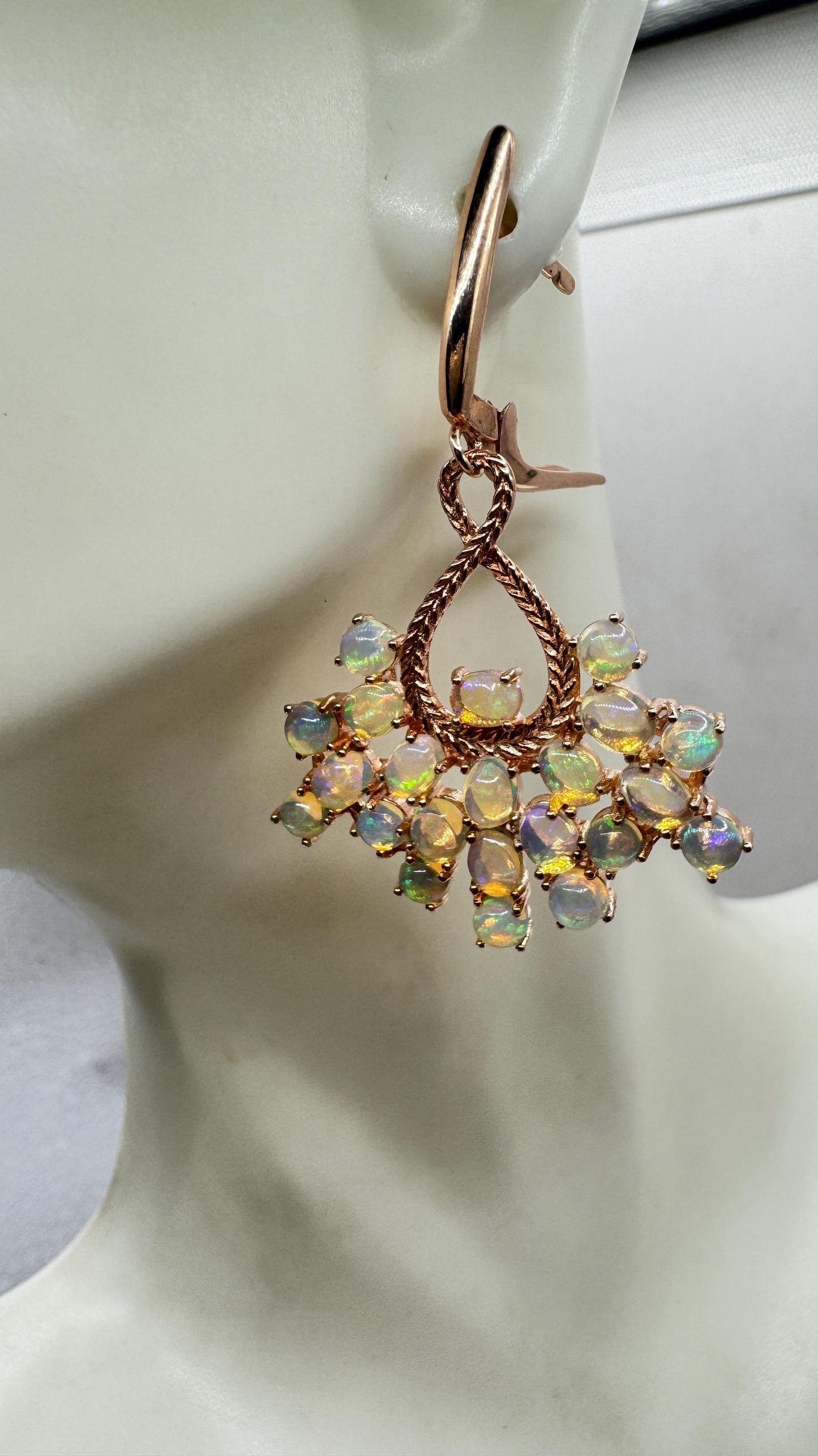 Vintage Opal Earrings Rose Gold 925 Sterling Silver Chadelier Dangle