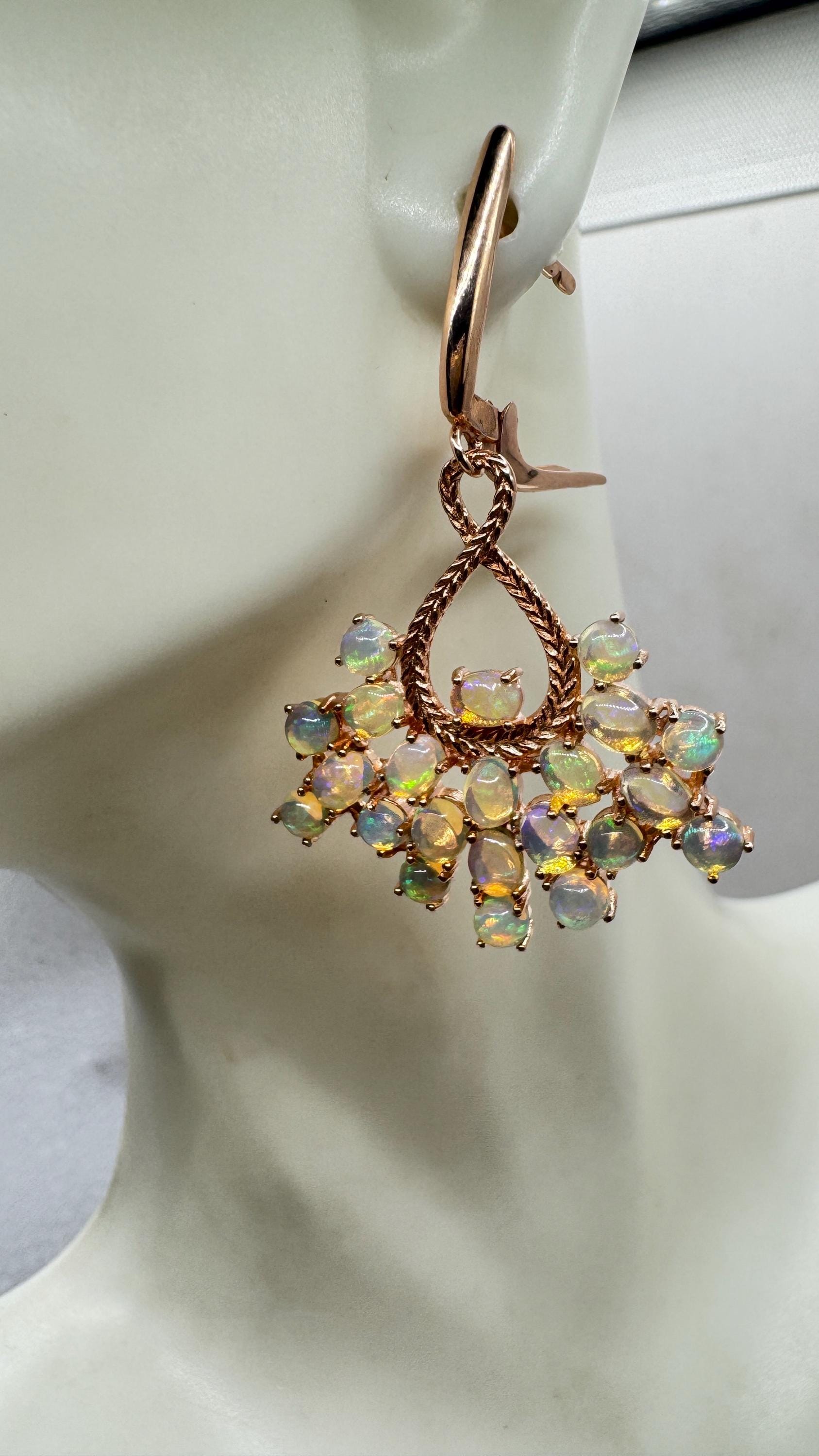 Vintage Opal Earrings Rose Gold 925 Sterling Silver Chadelier Dangle
