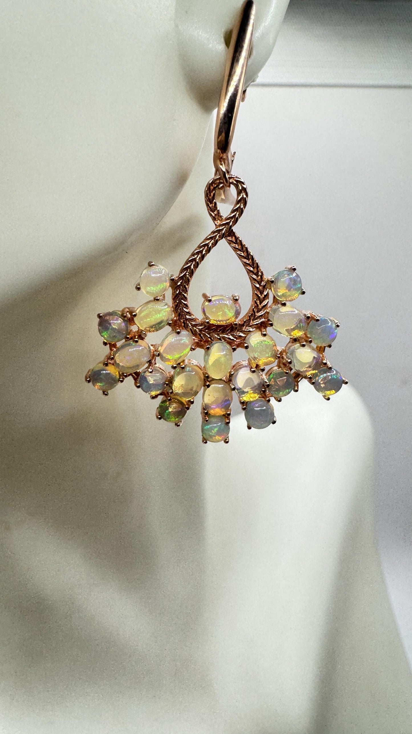 Vintage Opal Earrings Rose Gold 925 Sterling Silver Chadelier Dangle