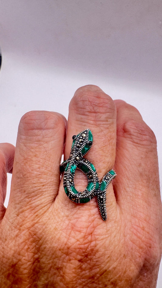 Vintage Snake Swiss Marcasite Setting 925 Sterling Silver Gothic Ring