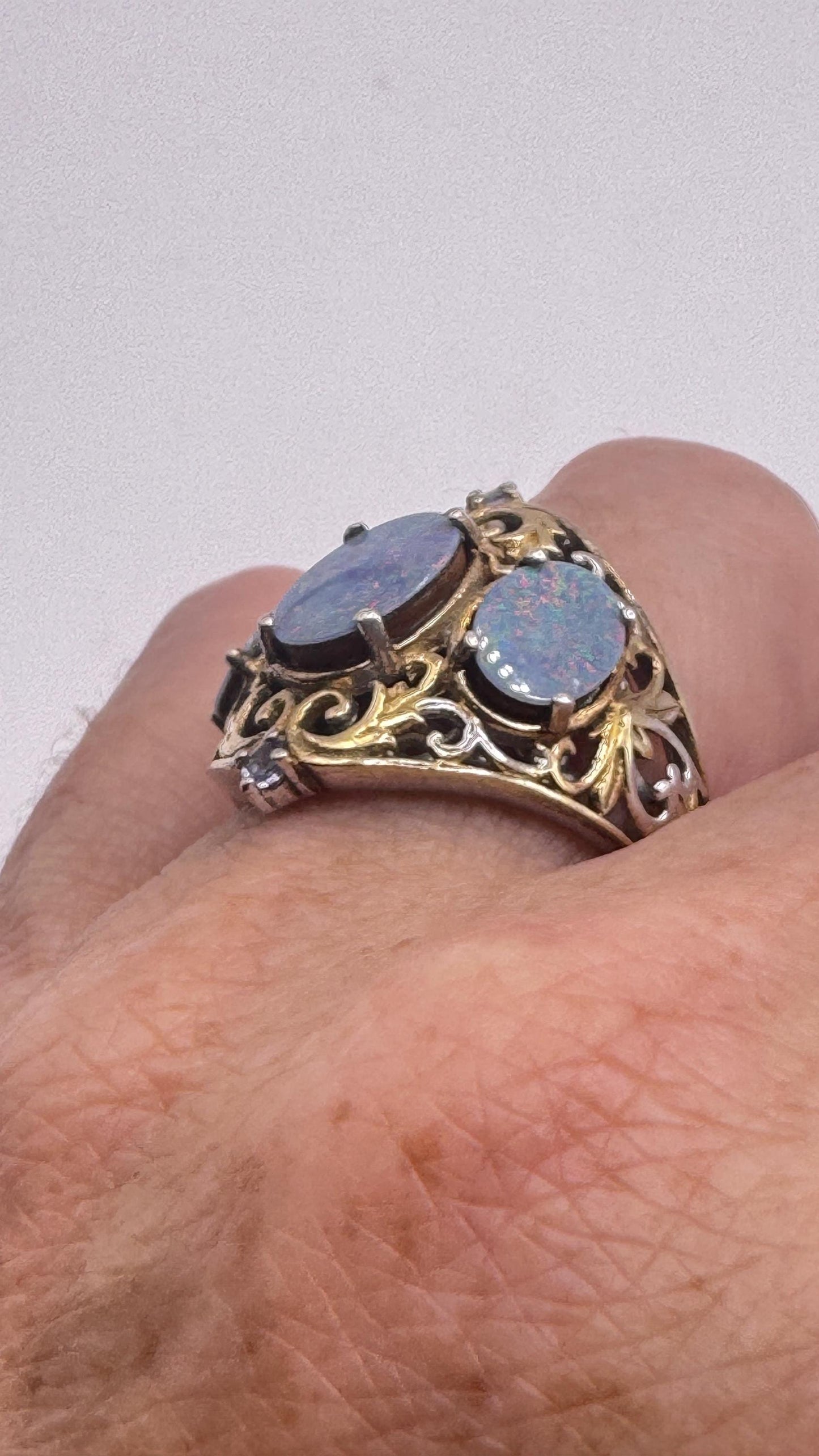 Vintage Blue Fire Opal Gold 925 Sterling Silver Ring