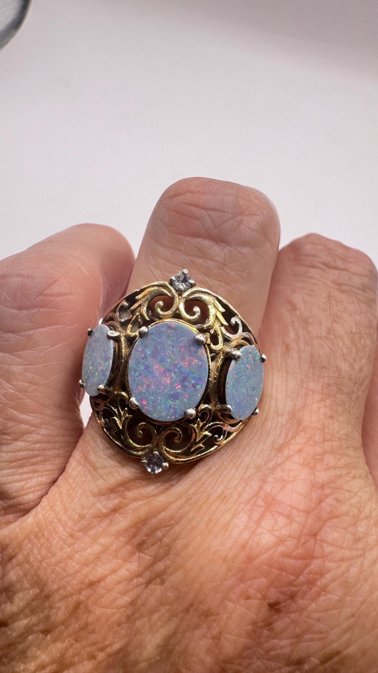 Vintage Blue Fire Opal Gold 925 Sterling Silver Ring