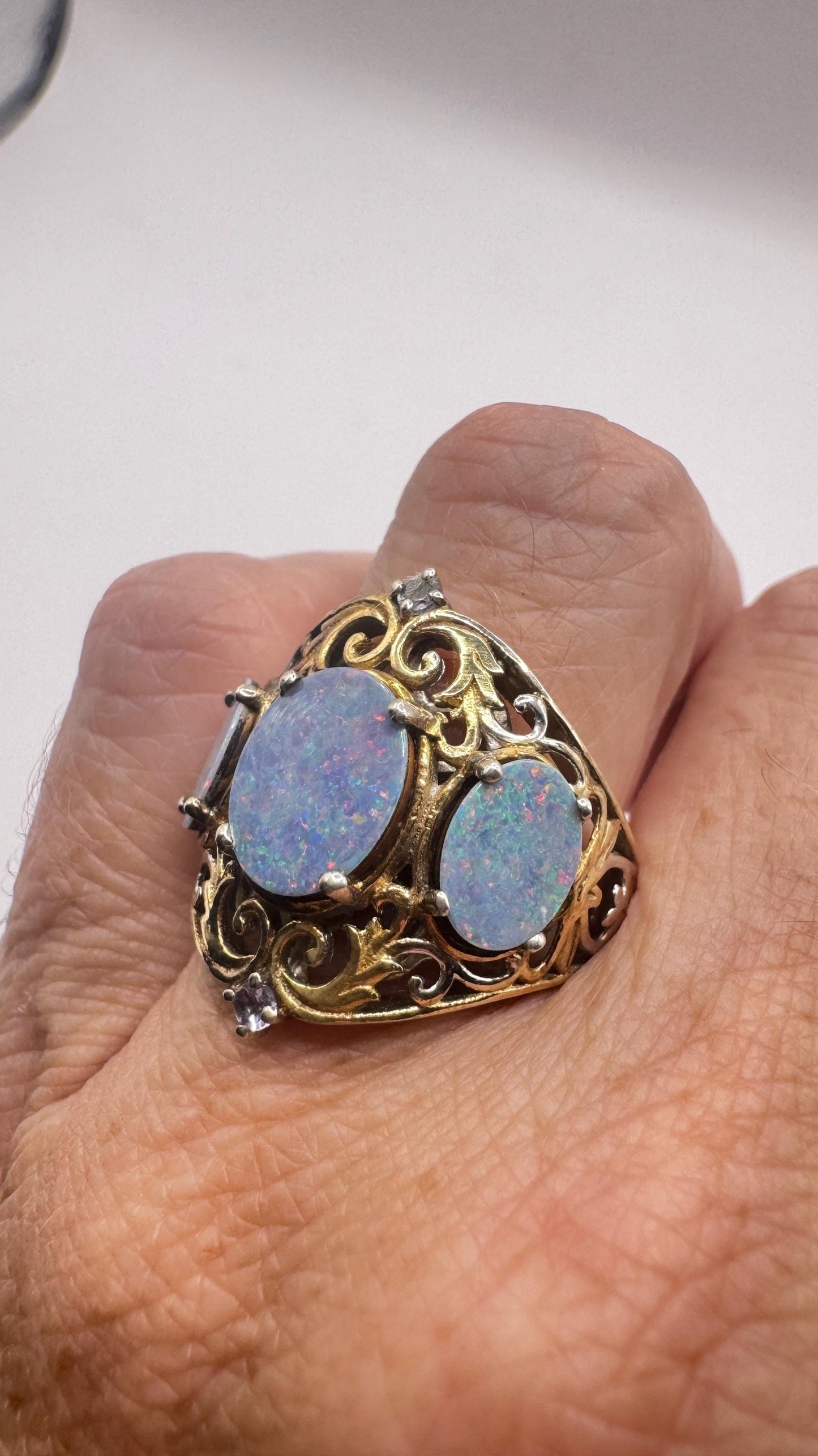 Vintage Blue Fire Opal Gold 925 Sterling Silver Ring