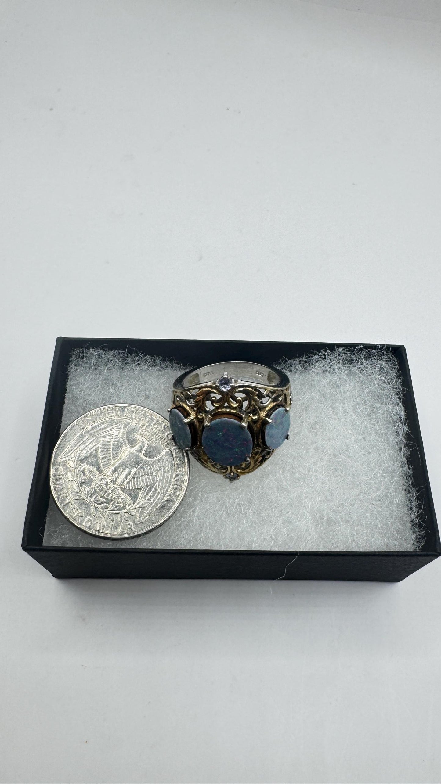 Vintage Blue Fire Opal Gold 925 Sterling Silver Ring