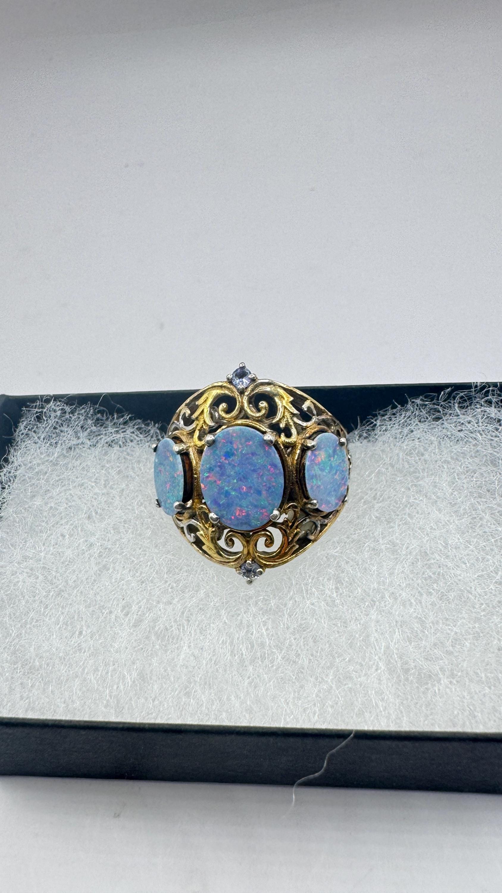 Vintage Blue Fire Opal Gold 925 Sterling Silver Ring