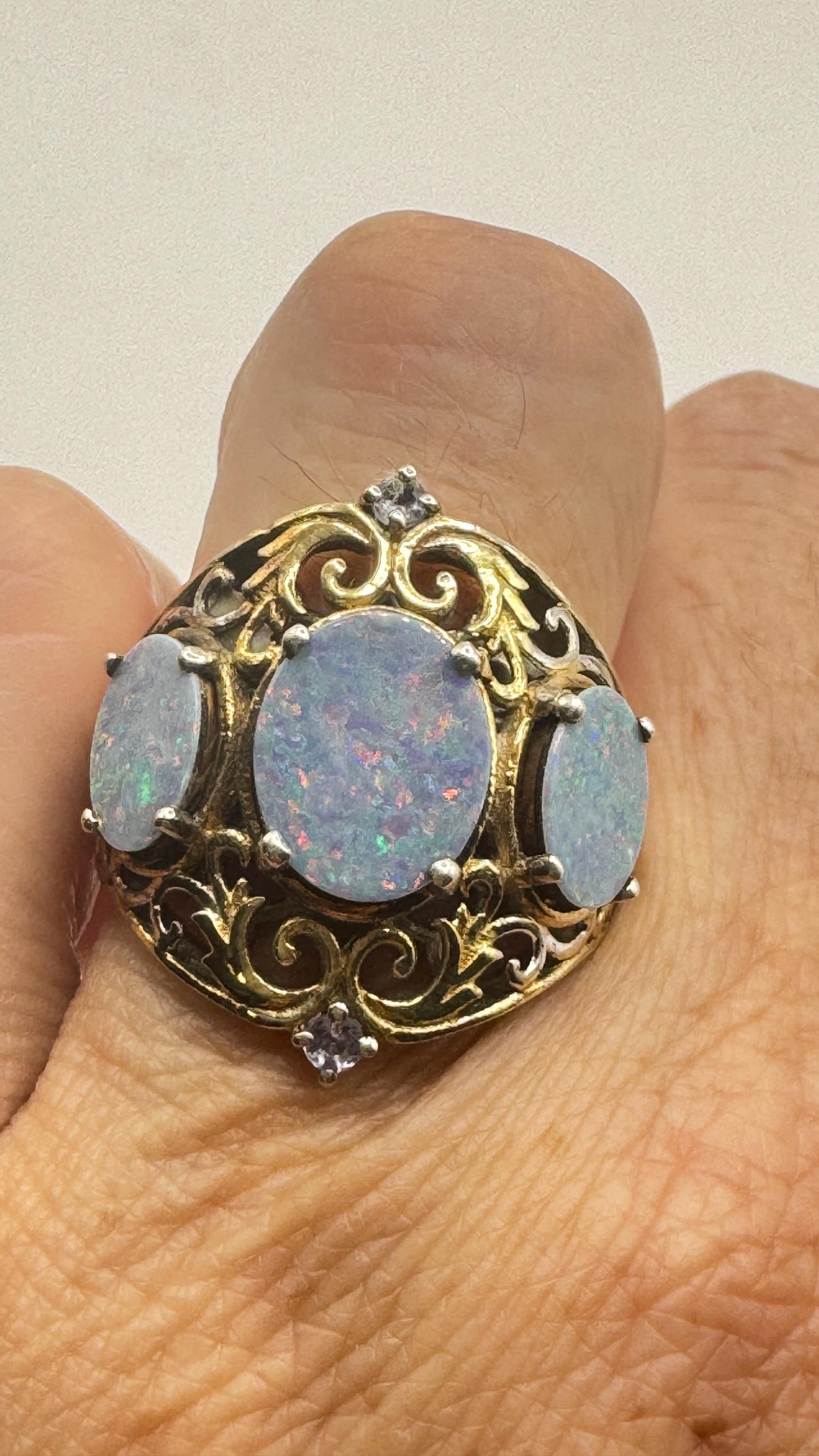 Vintage Blue Fire Opal Gold 925 Sterling Silver Ring