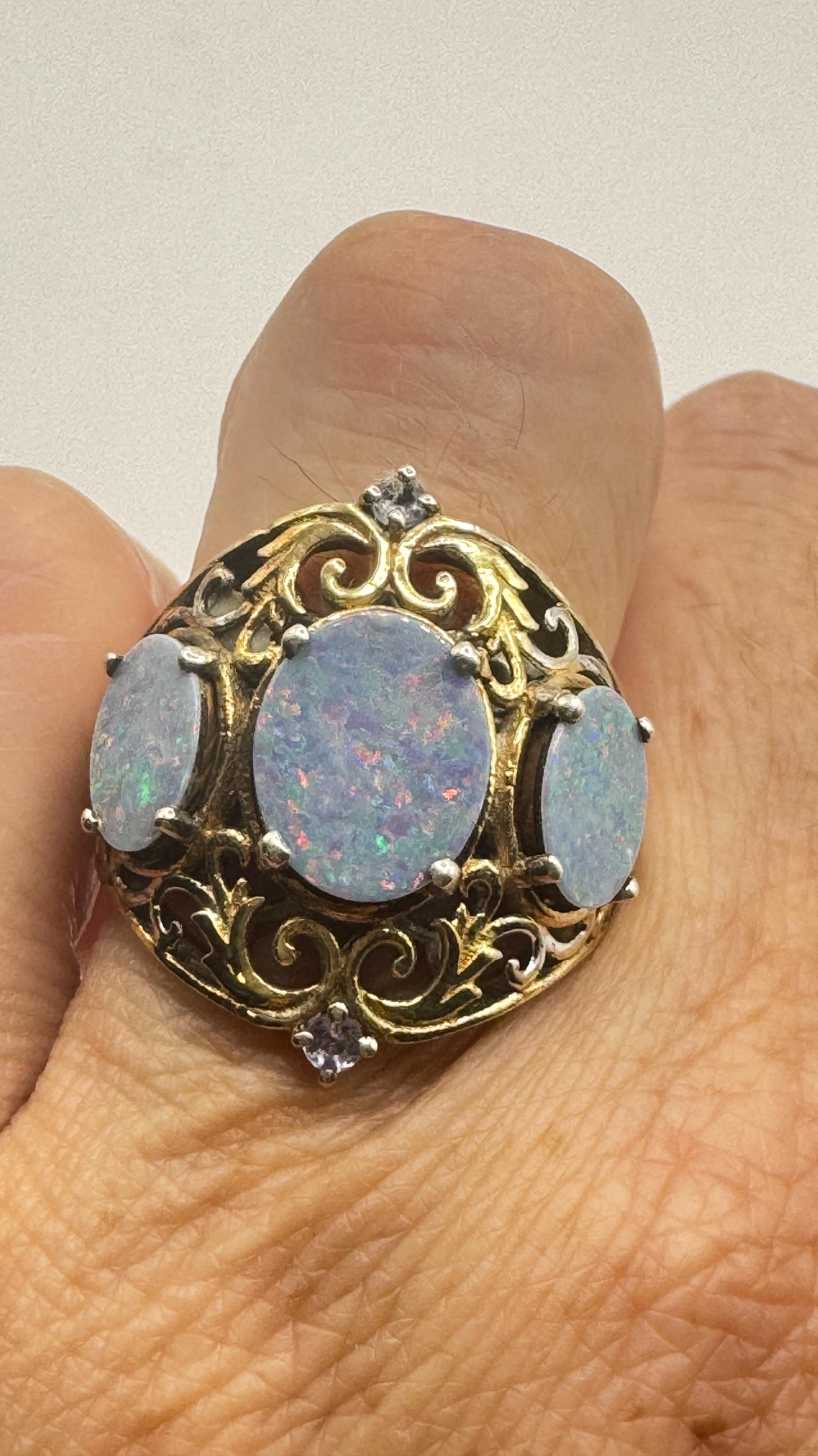 Vintage Blue Fire Opal Gold 925 Sterling Silver Ring