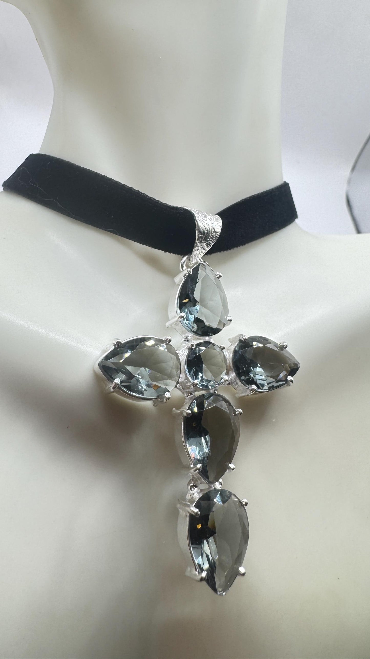 Vintage Blue Topaz Glass Cross Choker Black Velvet Ribbon Pendant
