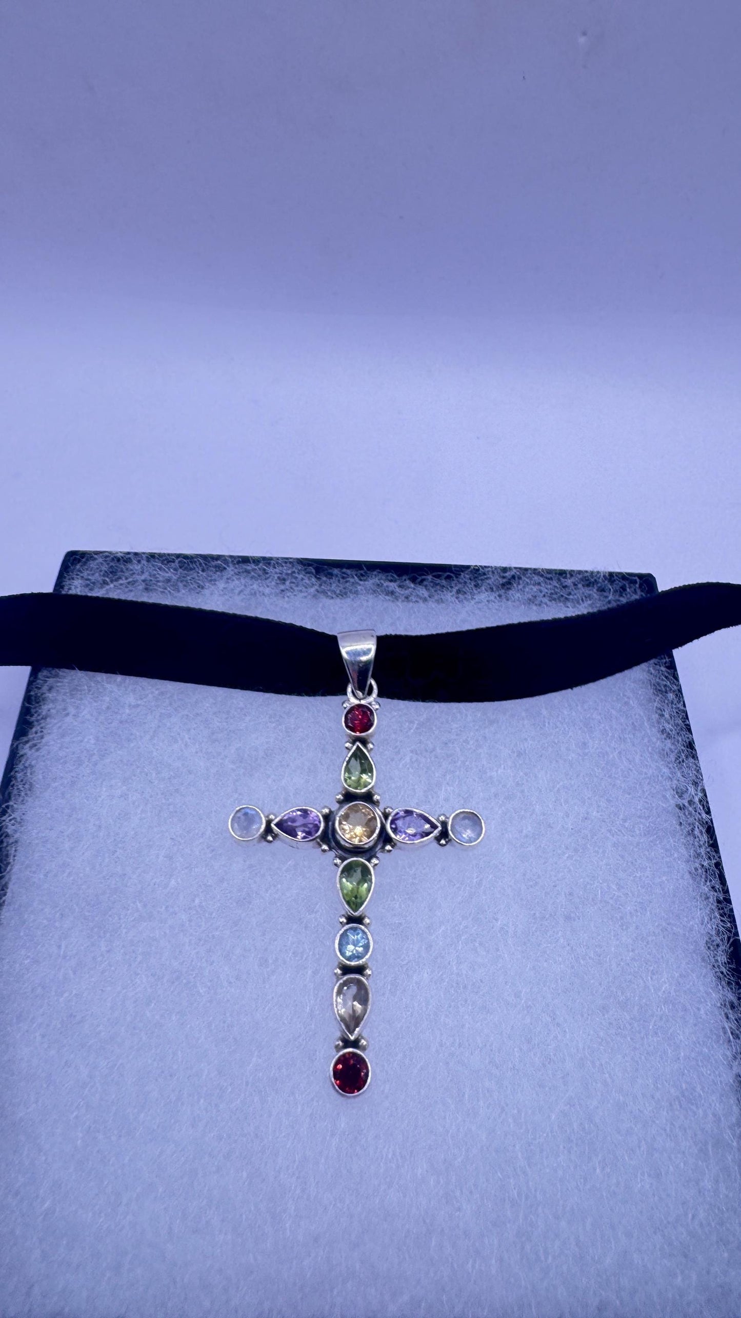 Vintage mixed gemstone cross 925 Sterling Silver Necklace Black Velvet Choker