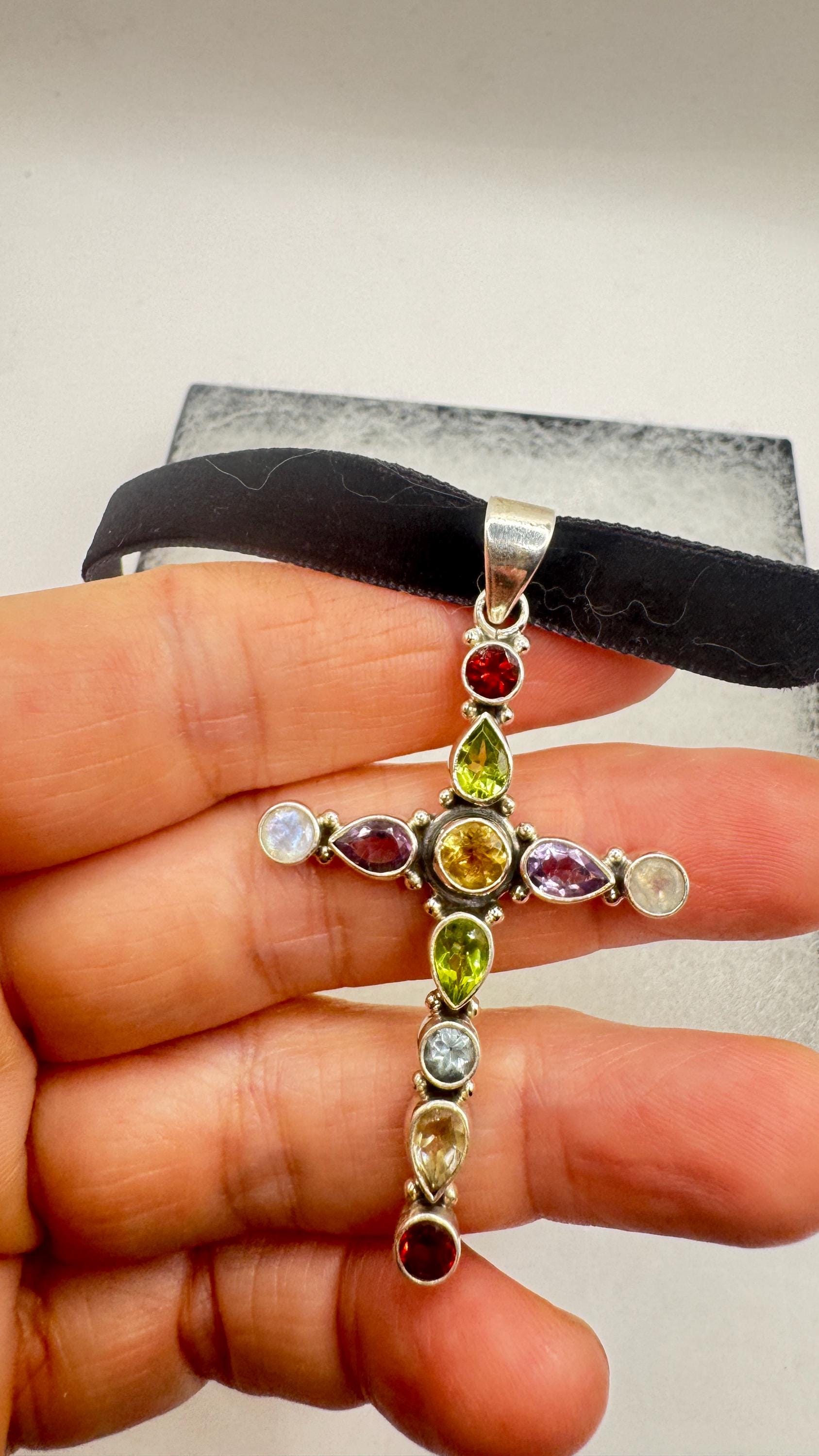 Vintage mixed gemstone cross 925 Sterling Silver Necklace Black Velvet Choker
