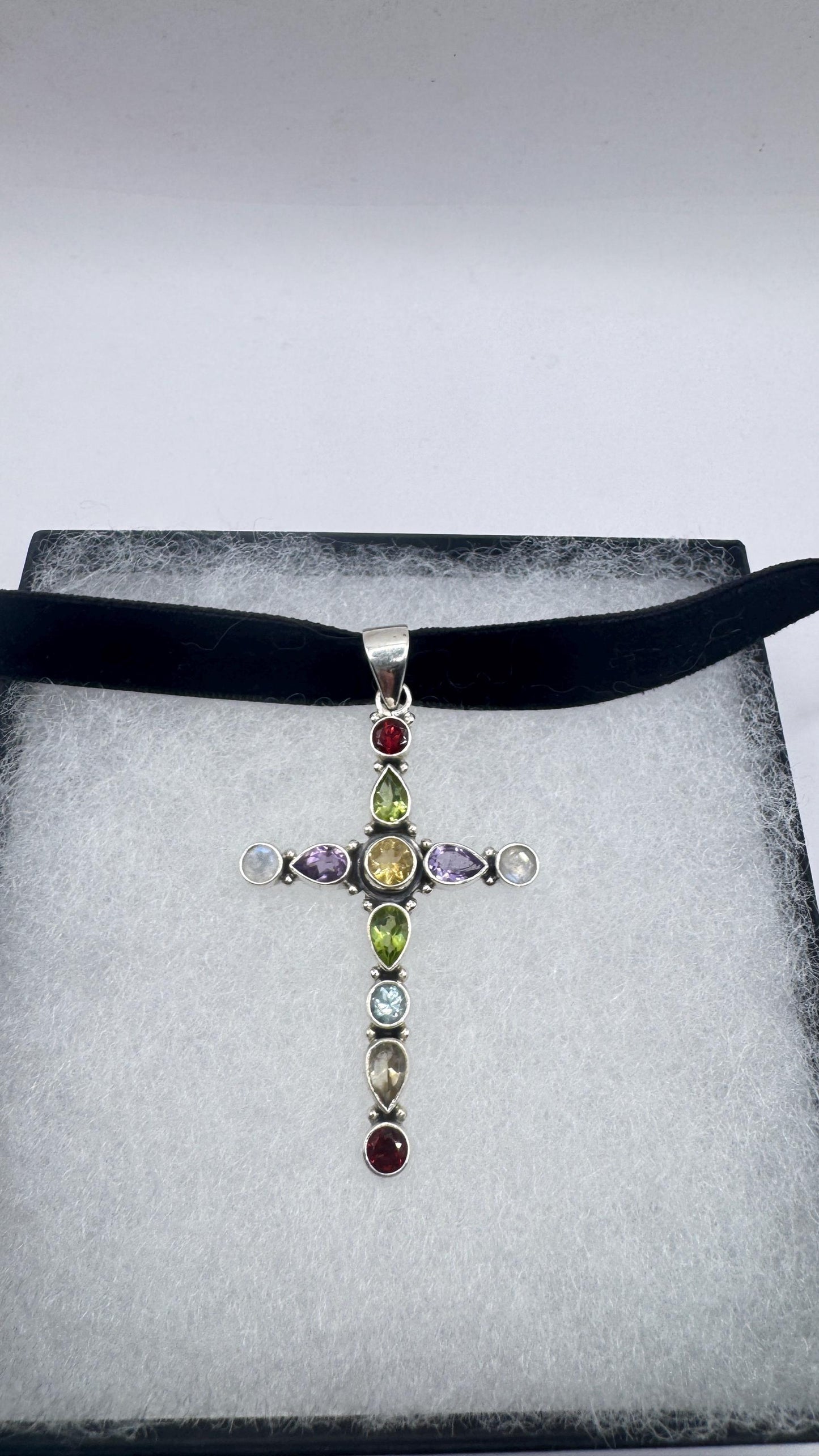 Vintage mixed gemstone cross 925 Sterling Silver Necklace Black Velvet Choker