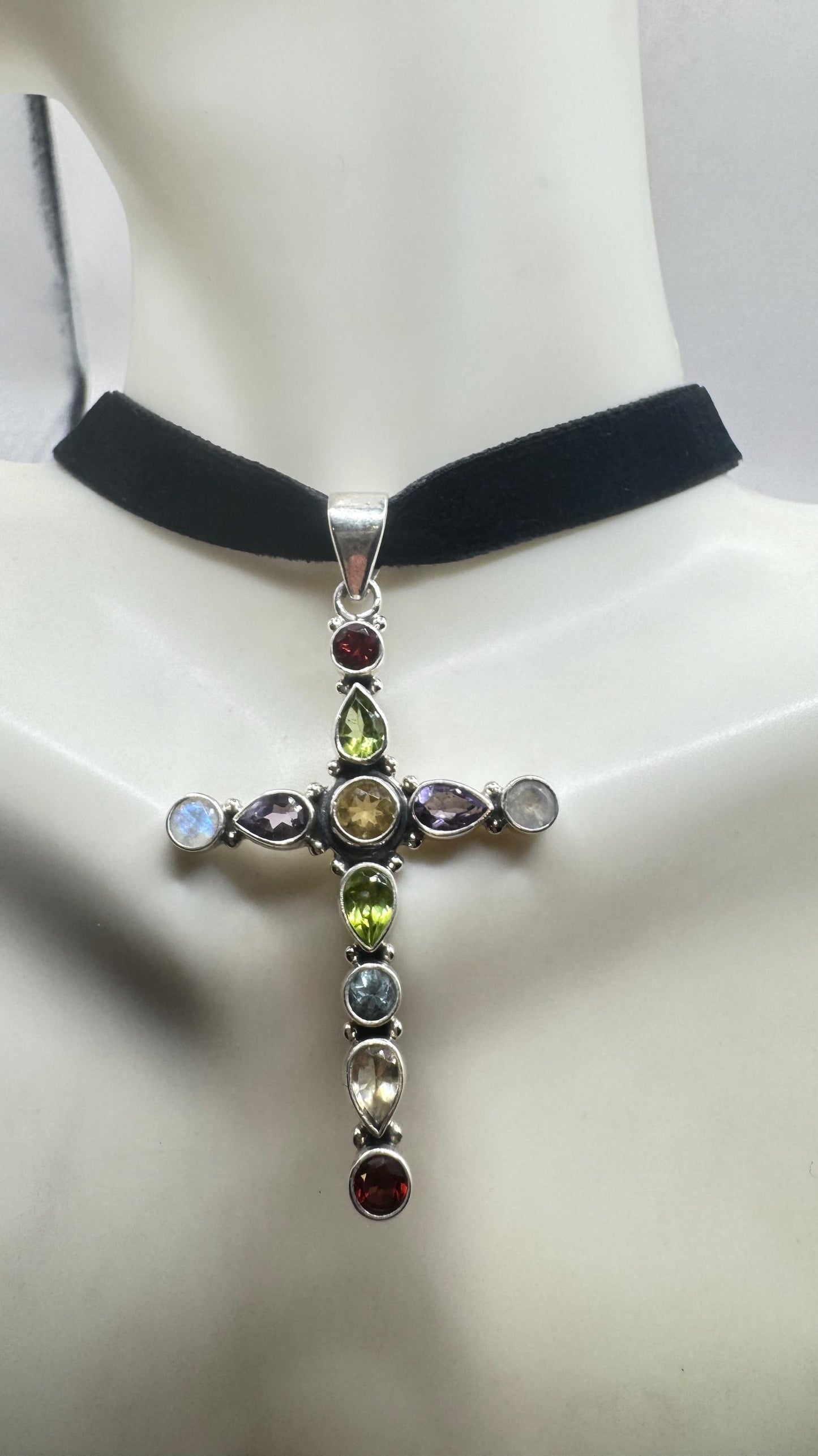 Vintage mixed gemstone cross 925 Sterling Silver Necklace Black Velvet Choker