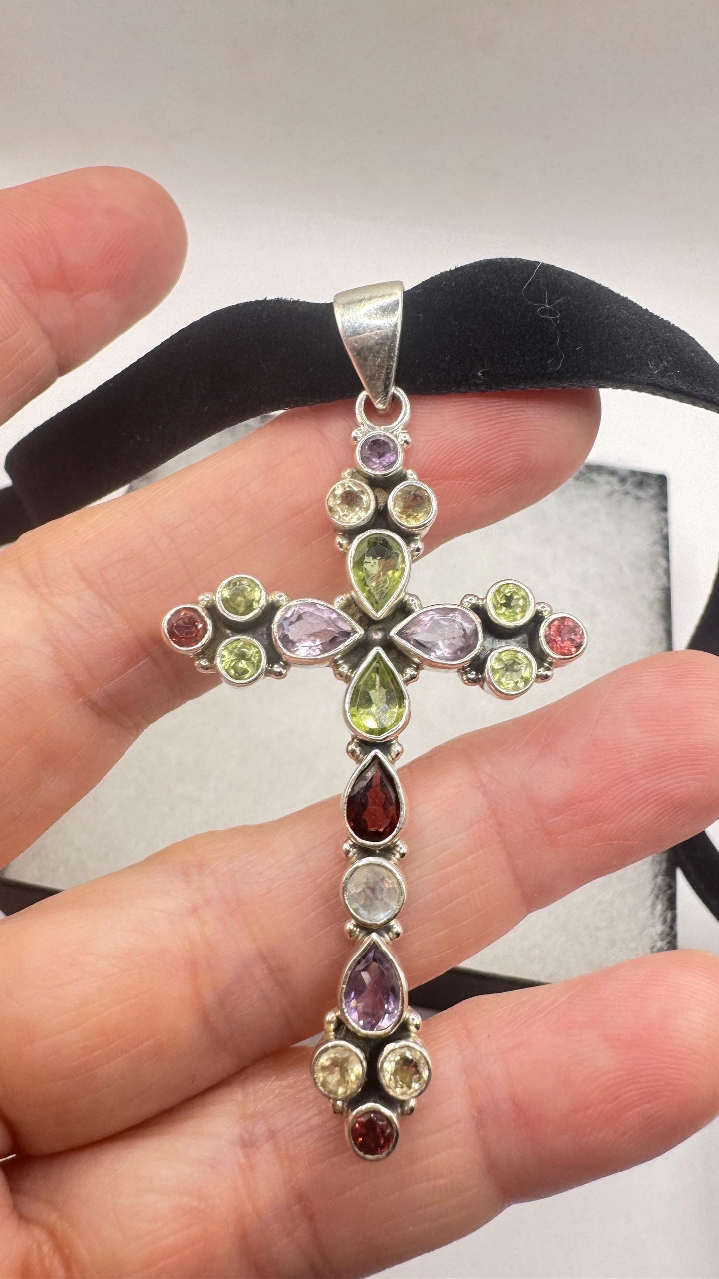 Vintage mixed gemstone cross 925 Sterling Silver Necklace Black Velvet Choker