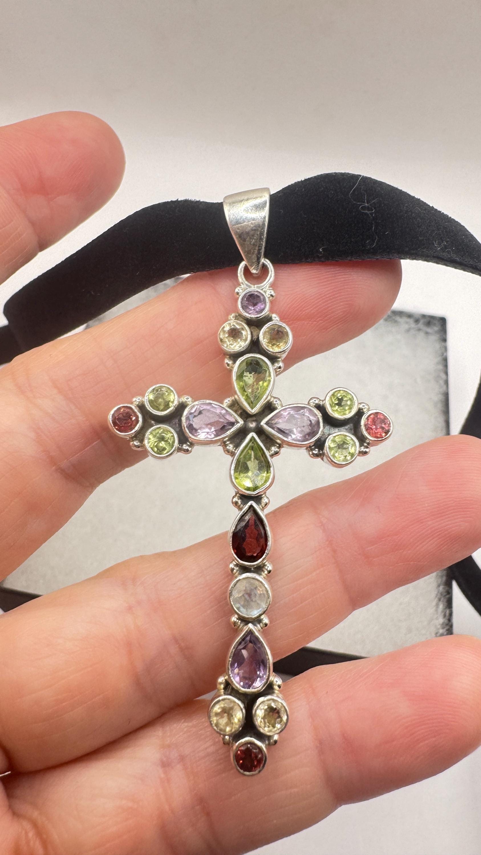 Vintage mixed gemstone cross 925 Sterling Silver Necklace Black Velvet Choker