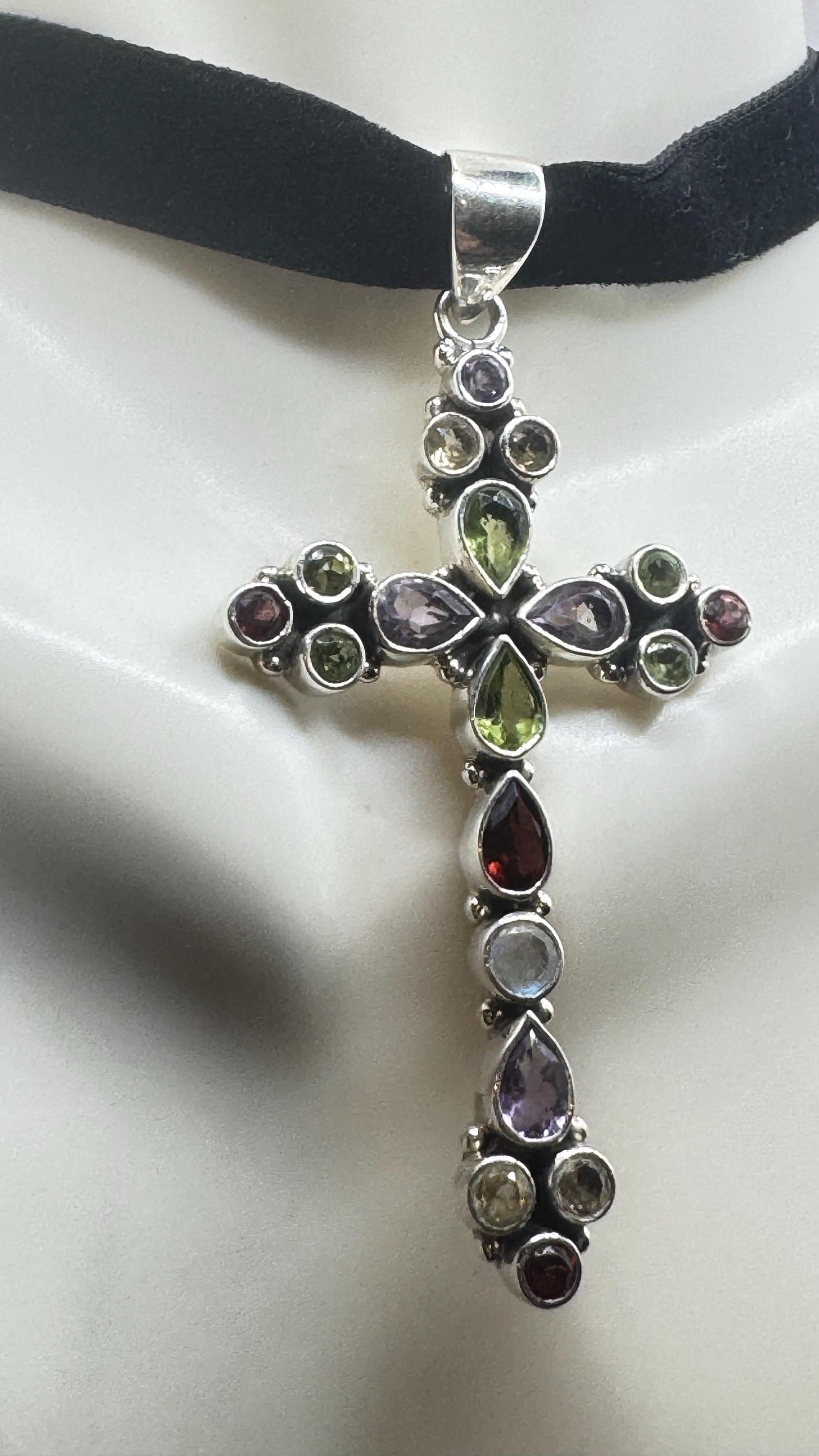 Vintage mixed gemstone cross 925 Sterling Silver Necklace Black Velvet Choker
