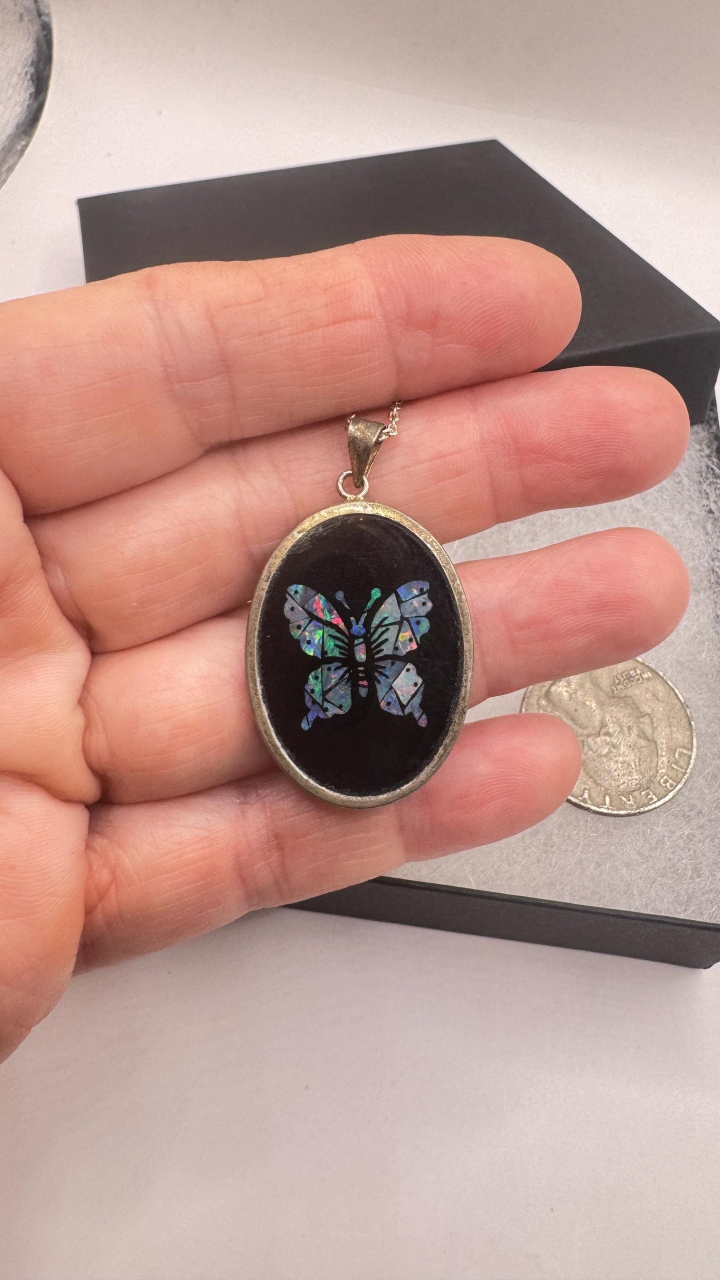 Vintage Fire Opal Butterfly Black Onyx 925 Sterling Silver Necklace