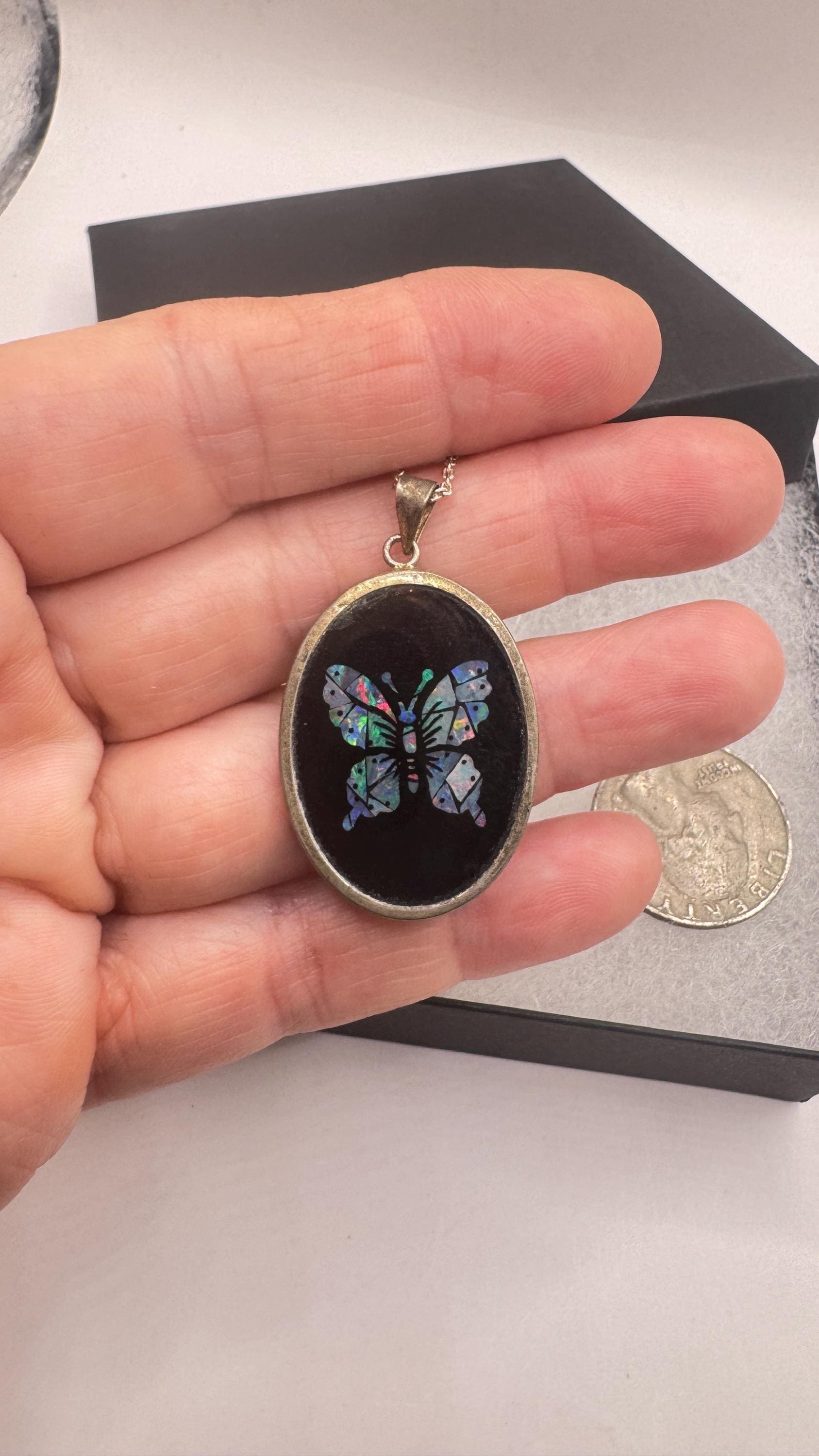 Vintage Fire Opal Butterfly Black Onyx 925 Sterling Silver Necklace