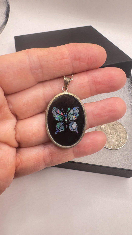 Vintage Fire Opal Butterfly Black Onyx 925 Sterling Silver Necklace