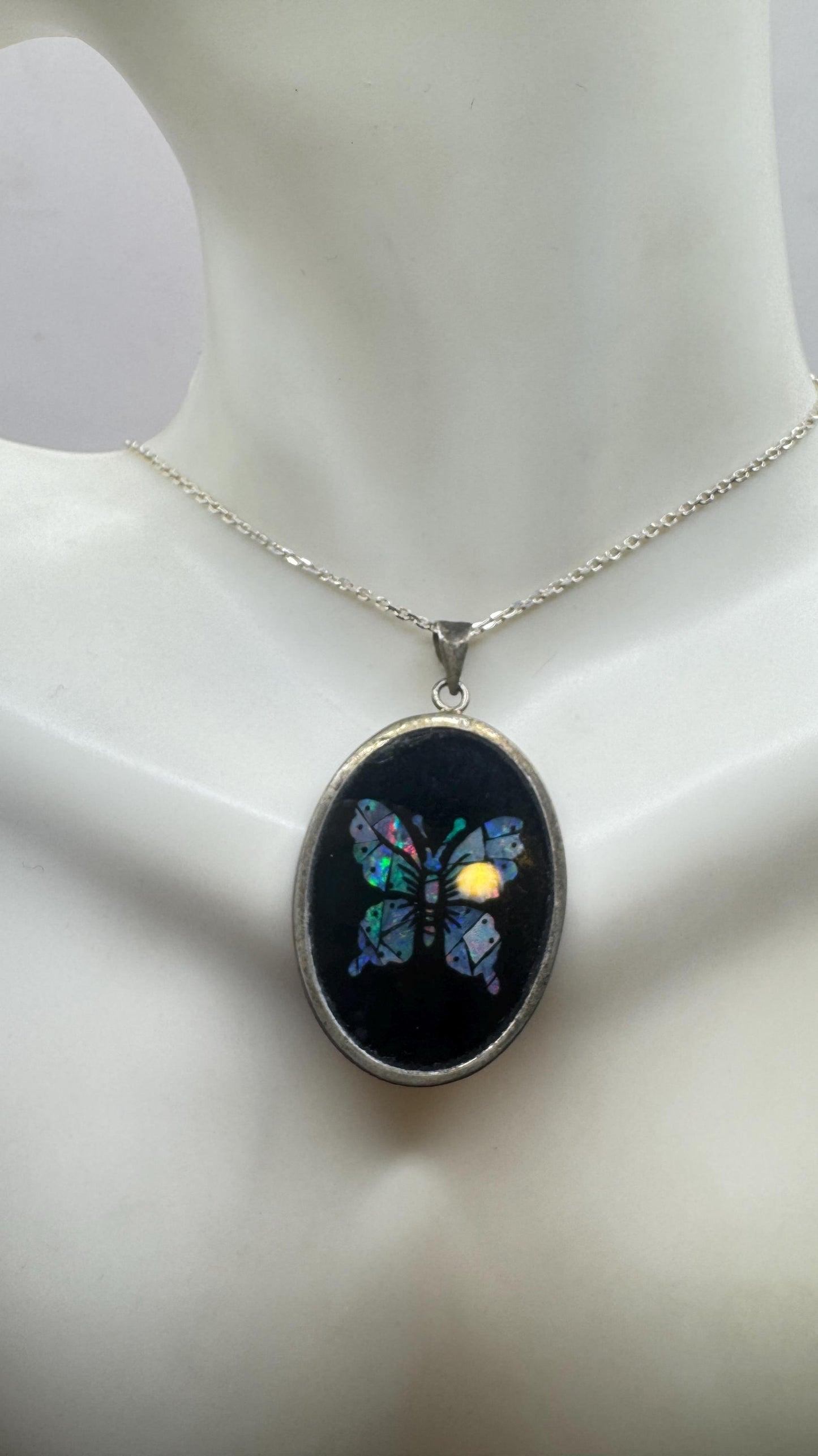 Vintage Fire Opal Butterfly Black Onyx 925 Sterling Silver Necklace