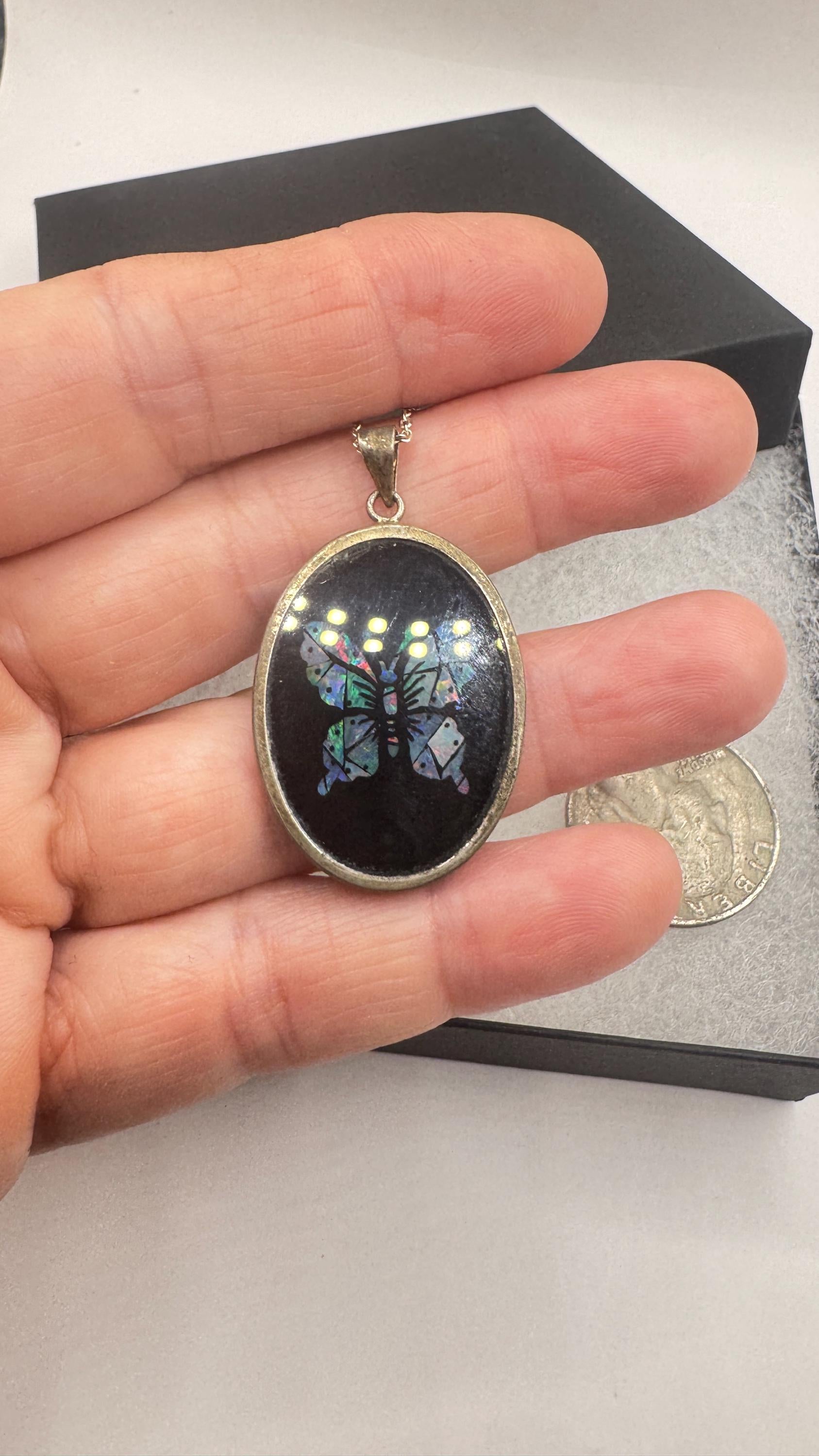 Vintage Fire Opal Butterfly Black Onyx 925 Sterling Silver Necklace
