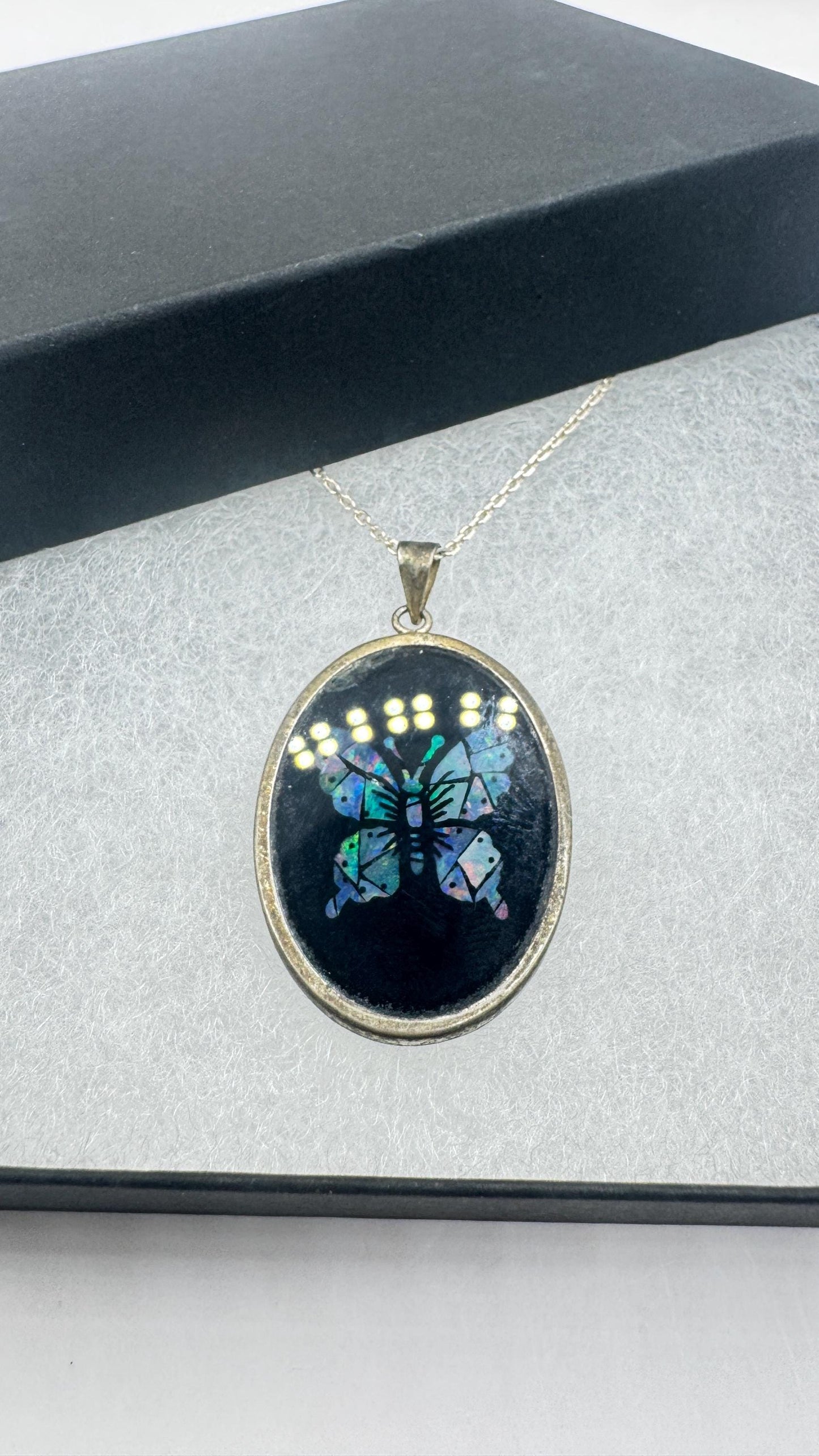 Vintage Fire Opal Butterfly Black Onyx 925 Sterling Silver Necklace