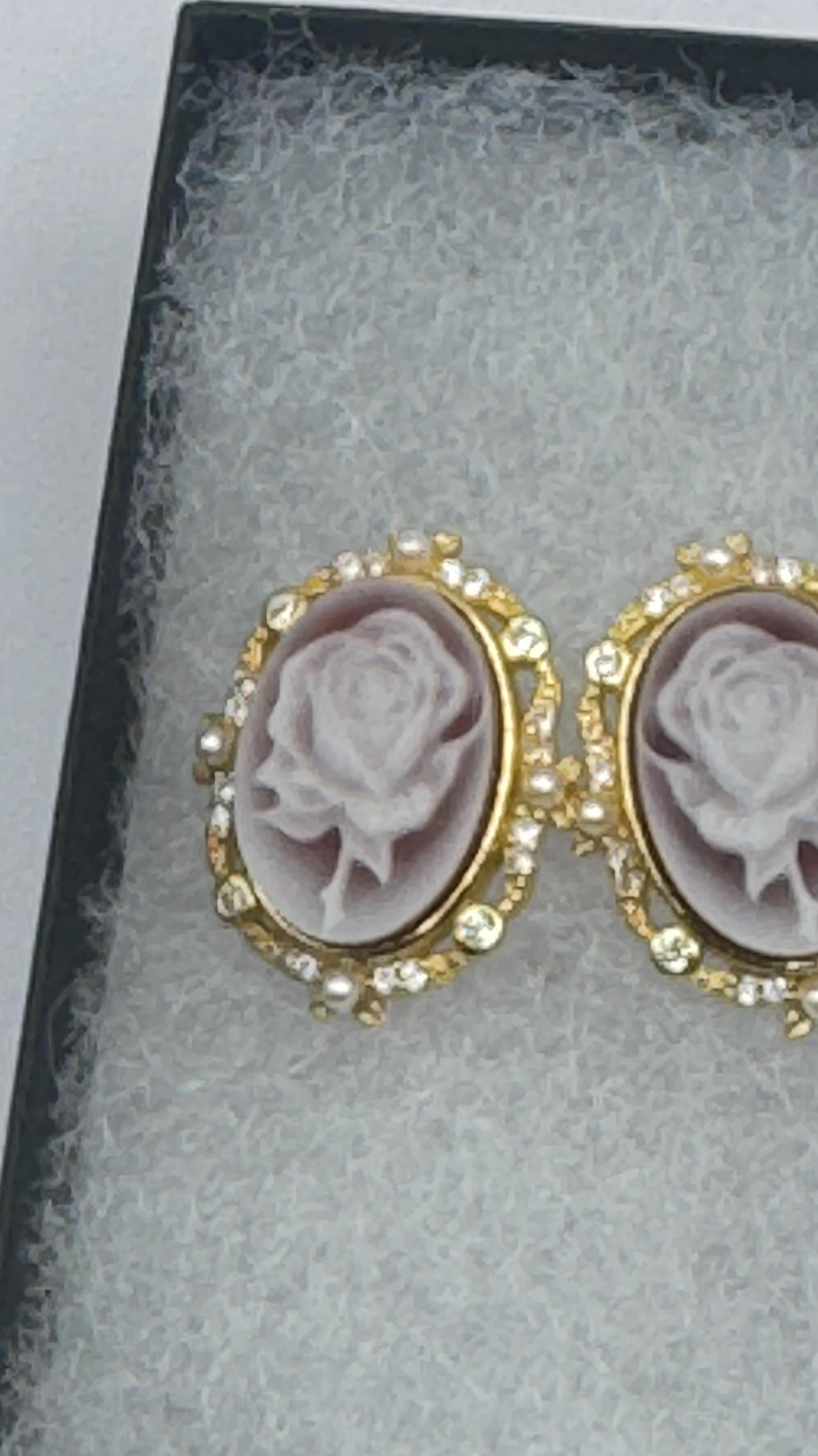 Vintage Rose Cameo Gold 925 Sterling Silver Earrings